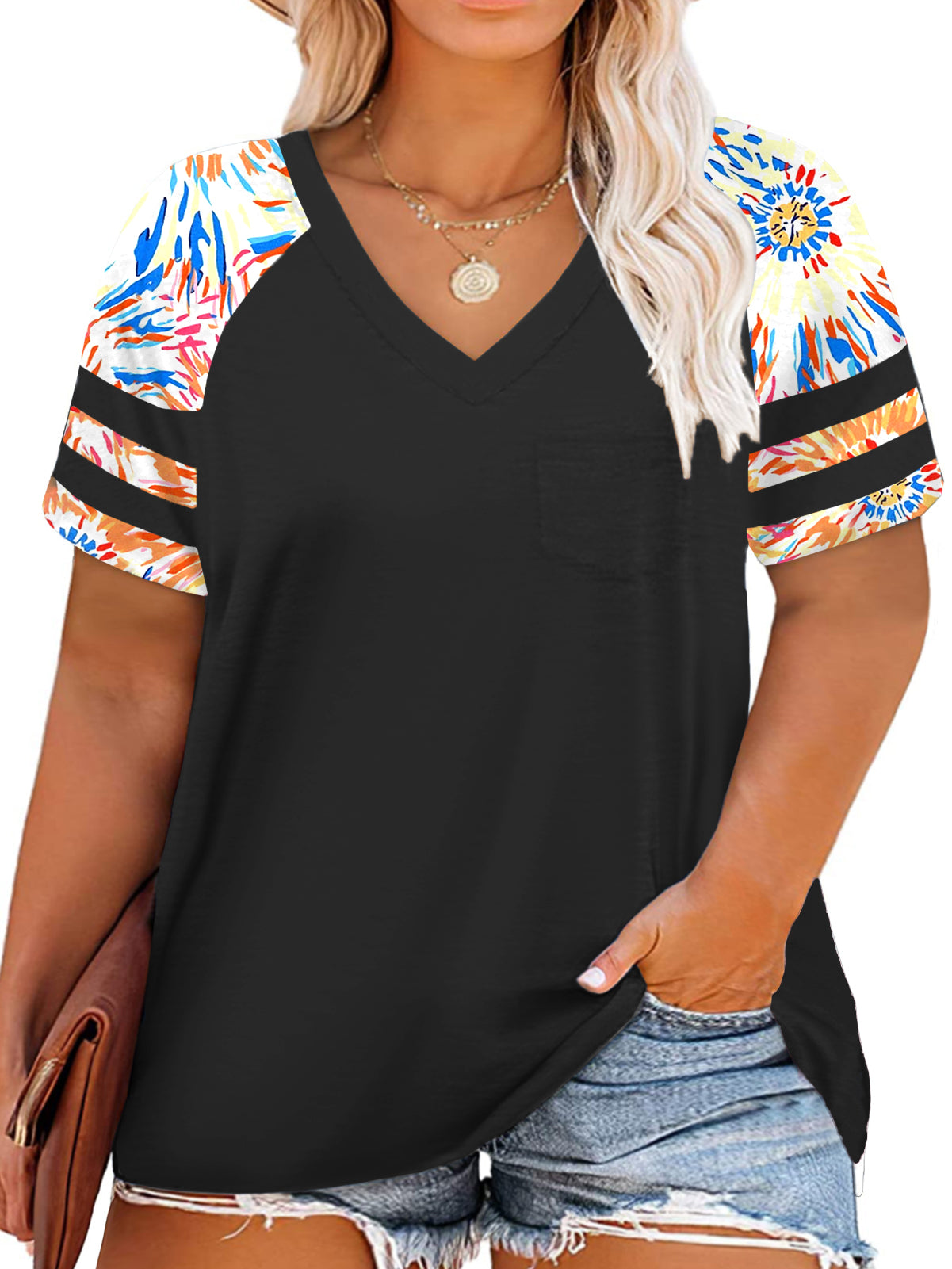 VISLILY Plus-Size Tops for Women Summer V Neck T Shirts Color Block Raglan Tees XL-4XL