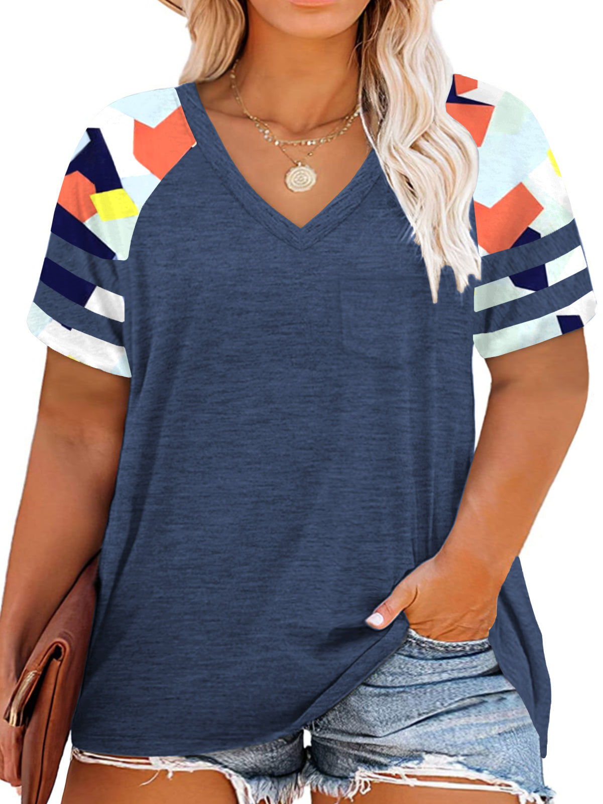 VISLILY Plus-Size Tops for Women Summer V Neck T Shirts Color Block Raglan Tees XL-4XL