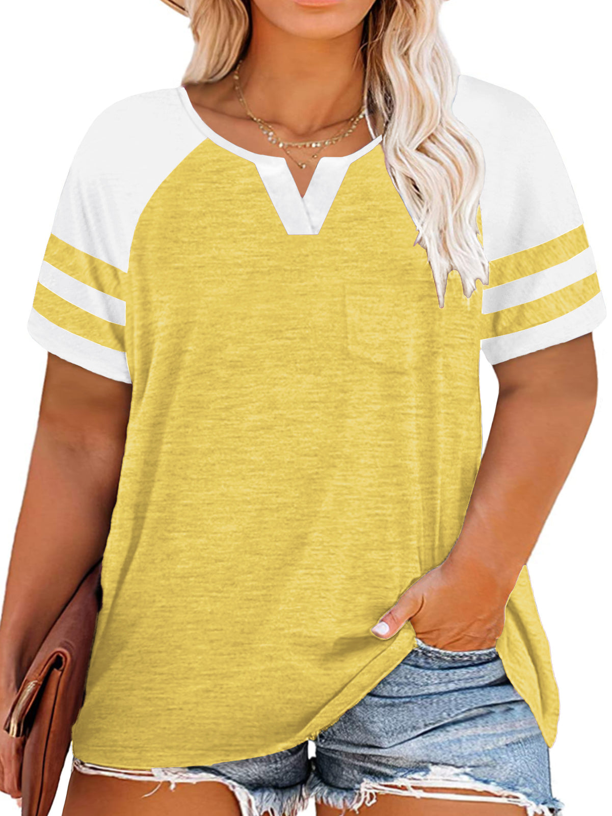 VISLILY Plus-Size Tops for Women Summer V Neck T Shirts Color Block Raglan Tees XL-4XL