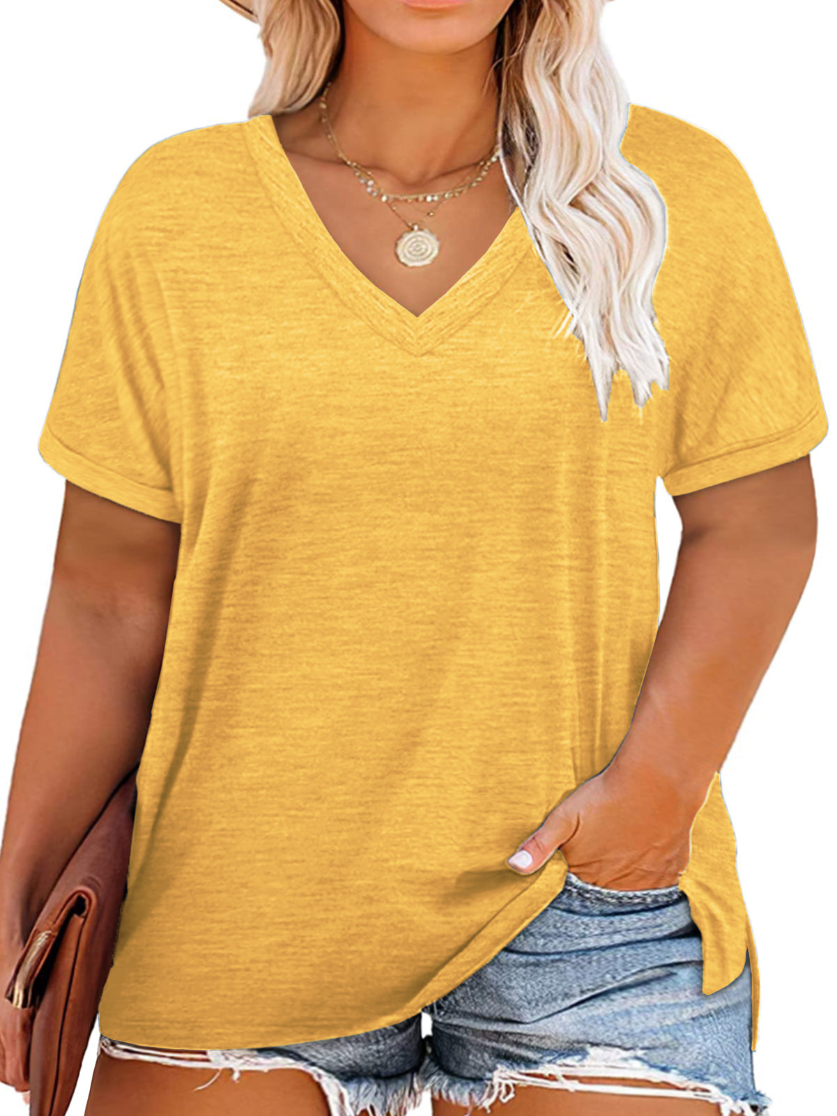 VISLILY Plus-Size-Womens-Tops V Neck Roll Sleeve T Shirts Summer Side Split Tee