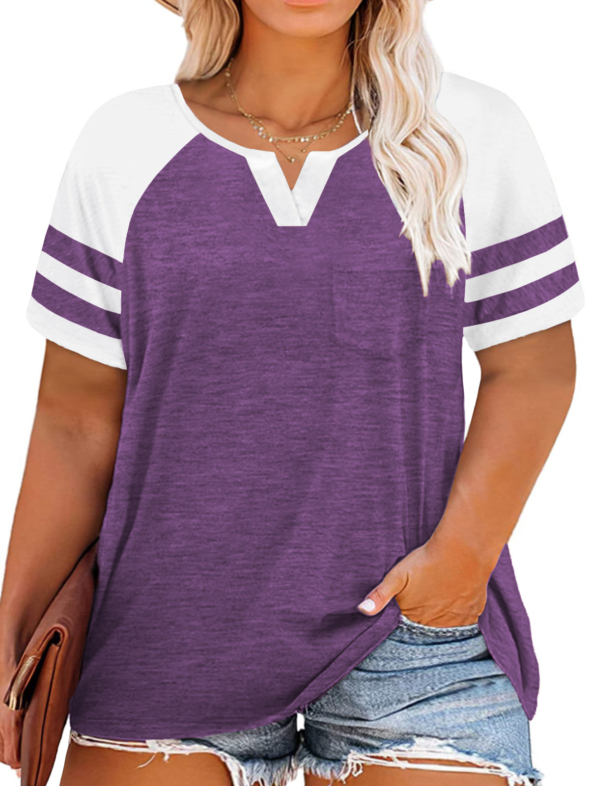 VISLILY Plus-Size Tops for Women Summer V Neck T Shirts Color Block Raglan Tees XL-4XL