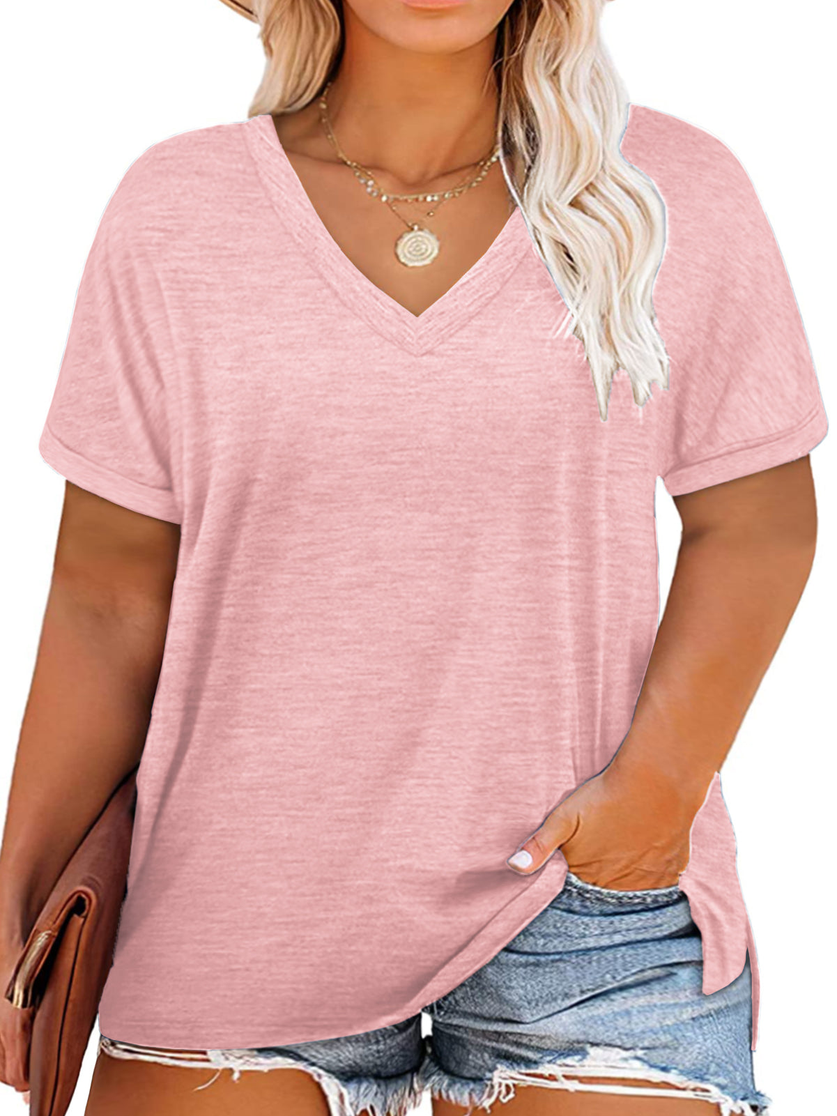 VISLILY Plus-Size-Womens-Tops V Neck Roll Sleeve T Shirts Summer Side Split Tee