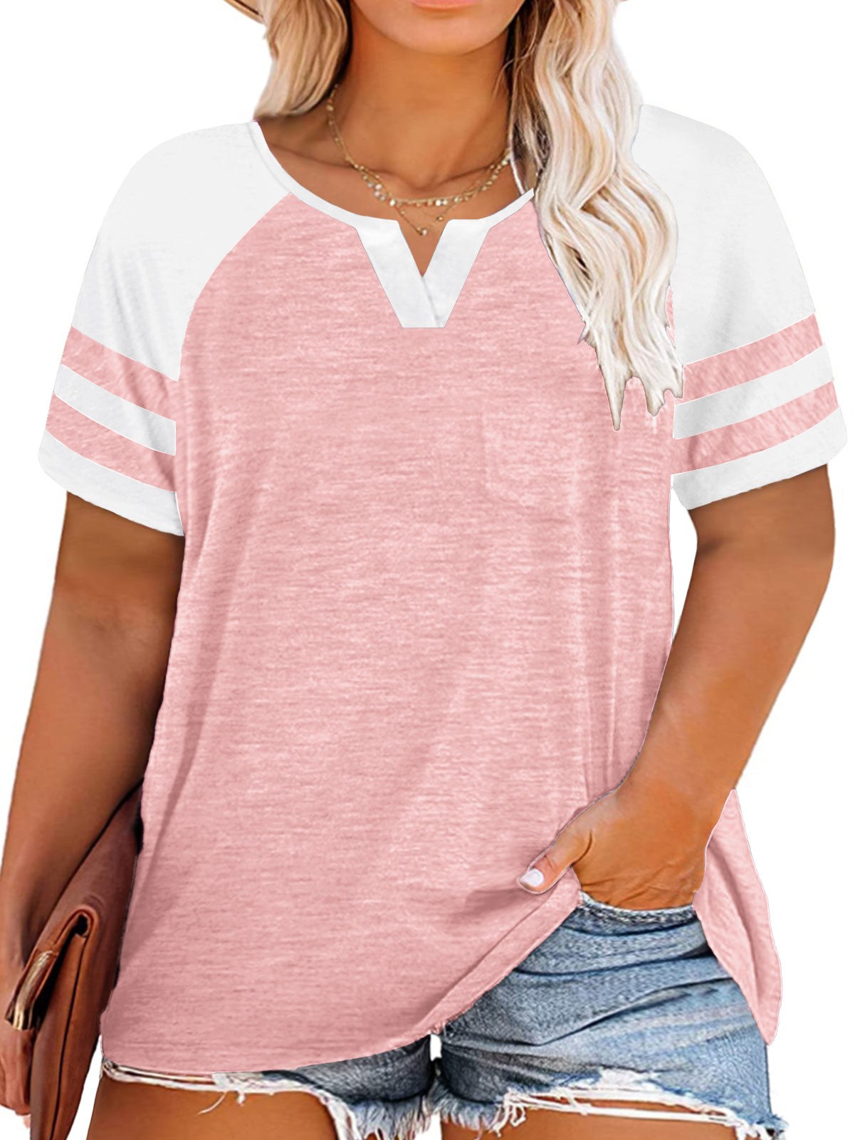 VISLILY Plus-Size Tops for Women Summer V Neck T Shirts Color Block Raglan Tees XL-4XL