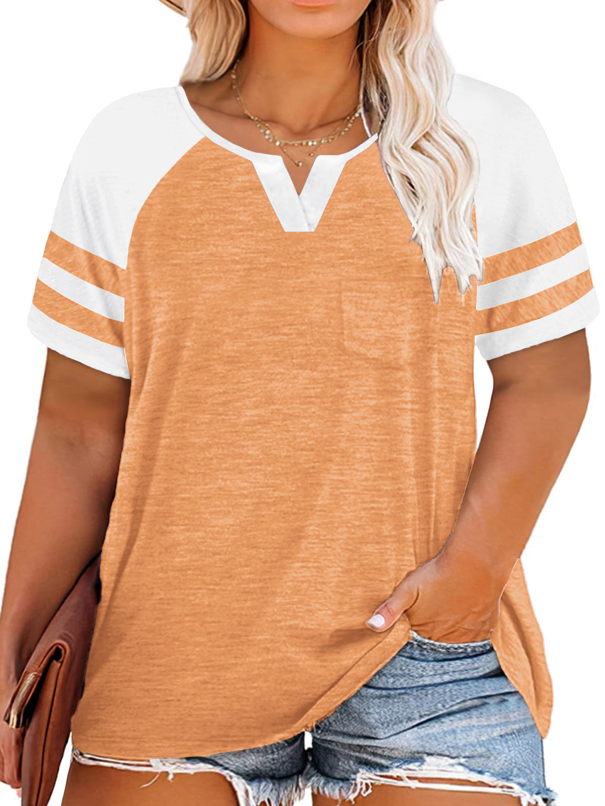 VISLILY Plus-Size Tops for Women Summer V Neck T Shirts Color Block Raglan Tees XL-4XL