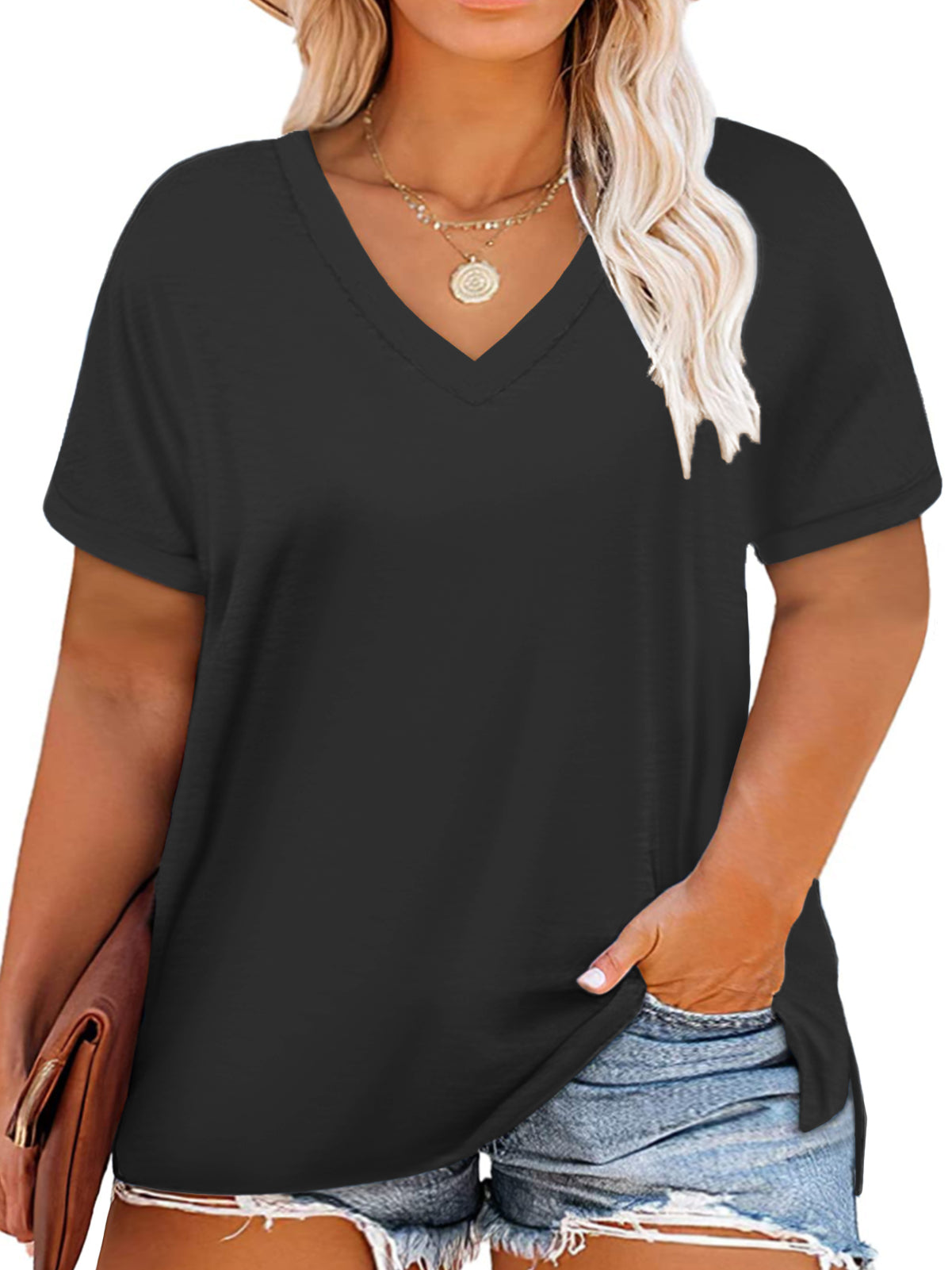 VISLILY Plus-Size-Womens-Tops V Neck Roll Sleeve T Shirts Summer Side Split Tee