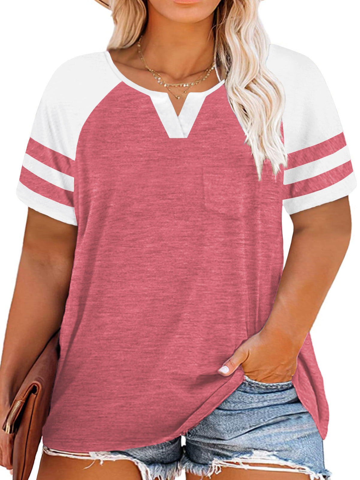 VISLILY Plus-Size Tops for Women Summer V Neck T Shirts Color Block Raglan Tees XL-4XL