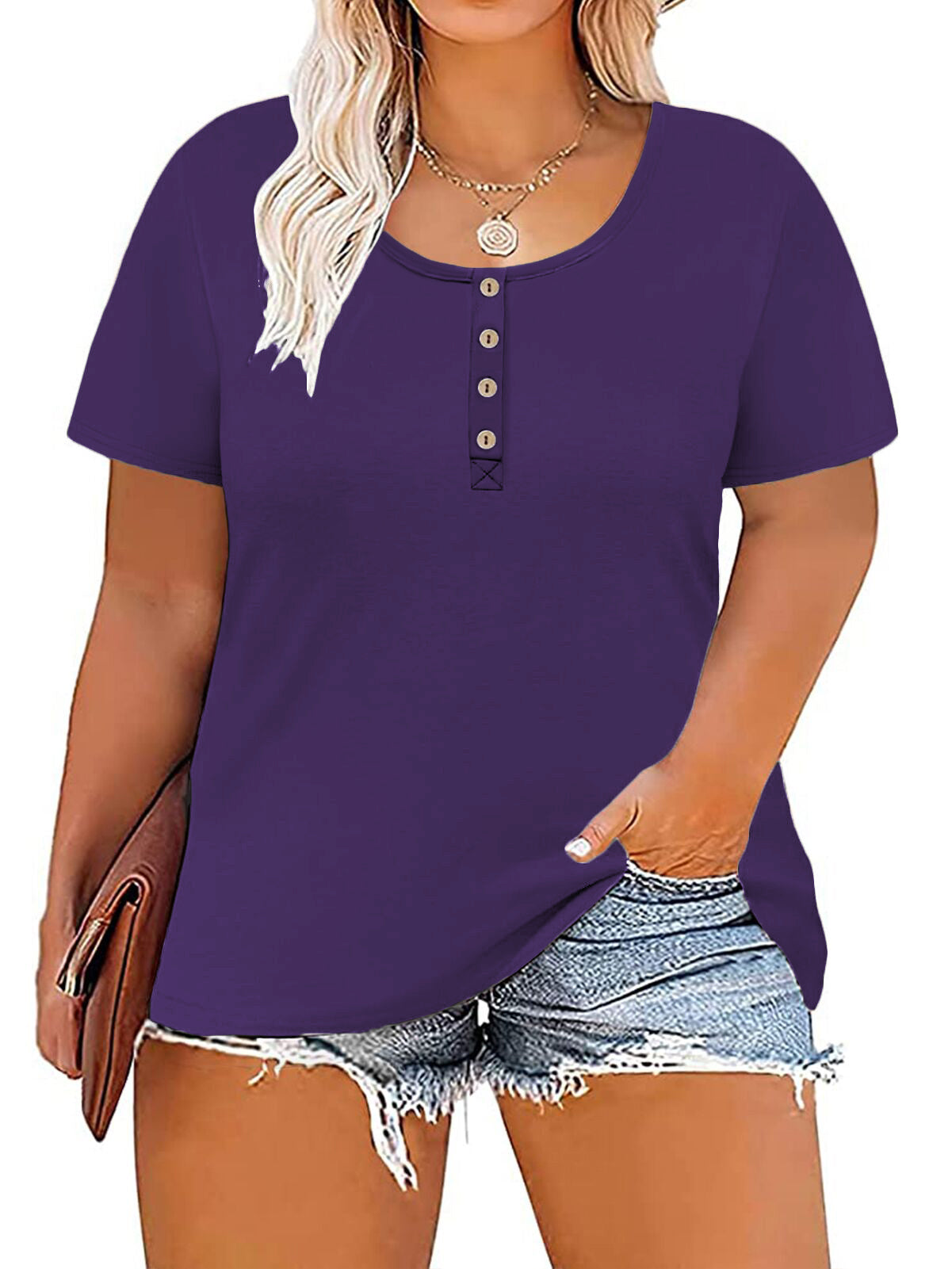 VISLILY Women's-Plus-Size Tops Summer Buttons Henley Shirts Casual Short Sleeve Tee