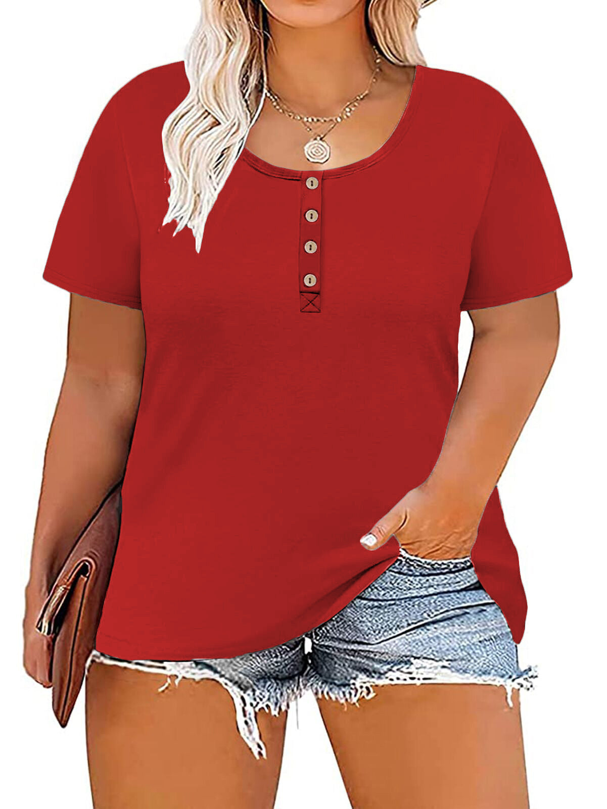 VISLILY Women's-Plus-Size Tops Summer Buttons Henley Shirts Casual Short Sleeve Tee