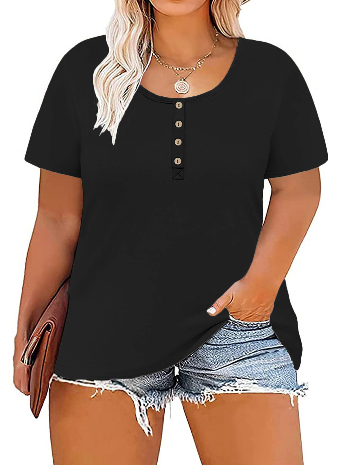 VISLILY Women's-Plus-Size Tops Summer Buttons Henley Shirts Casual Short Sleeve Tee