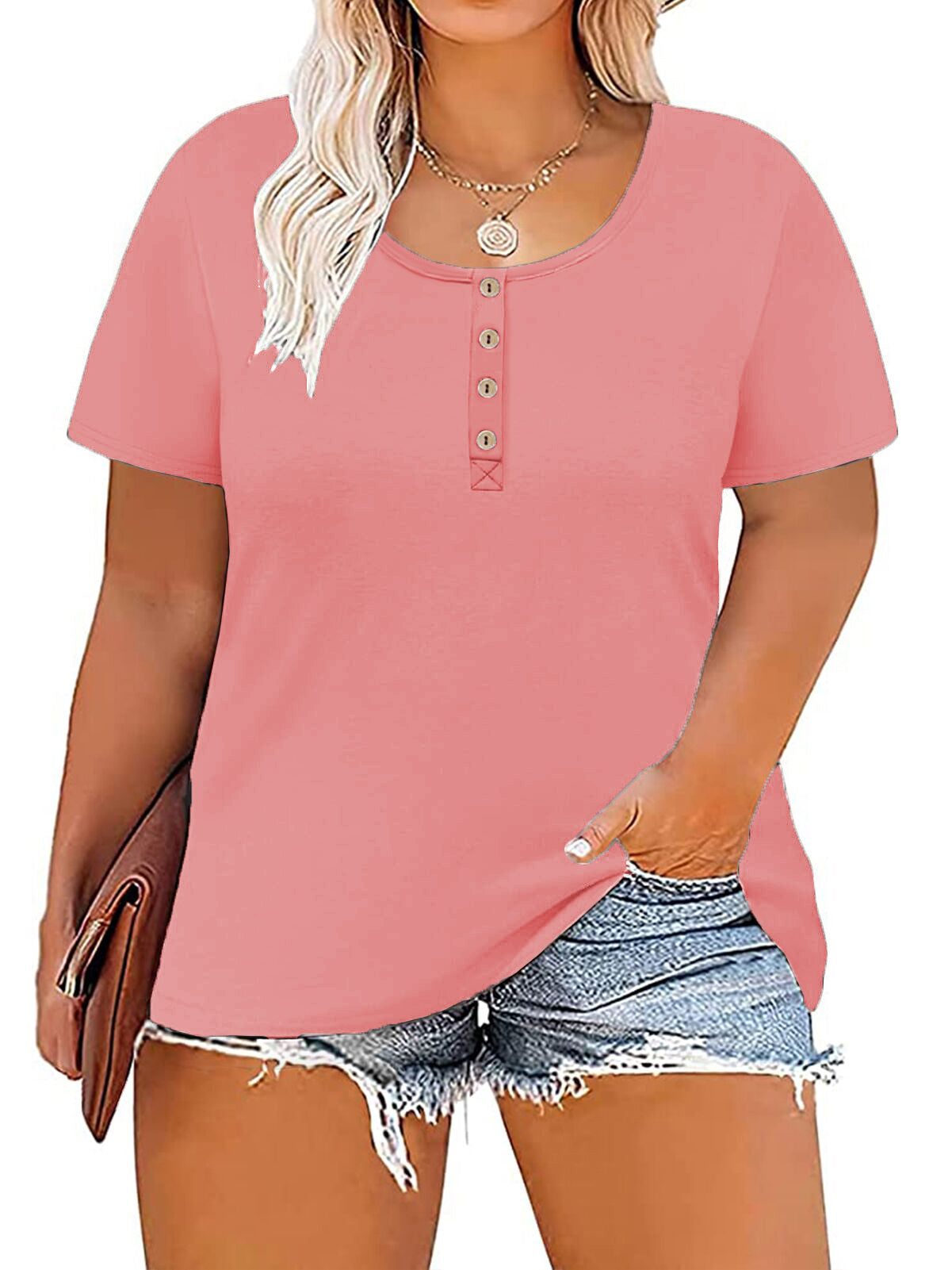 VISLILY Women's-Plus-Size Tops Summer Buttons Henley Shirts Casual Short Sleeve Tee