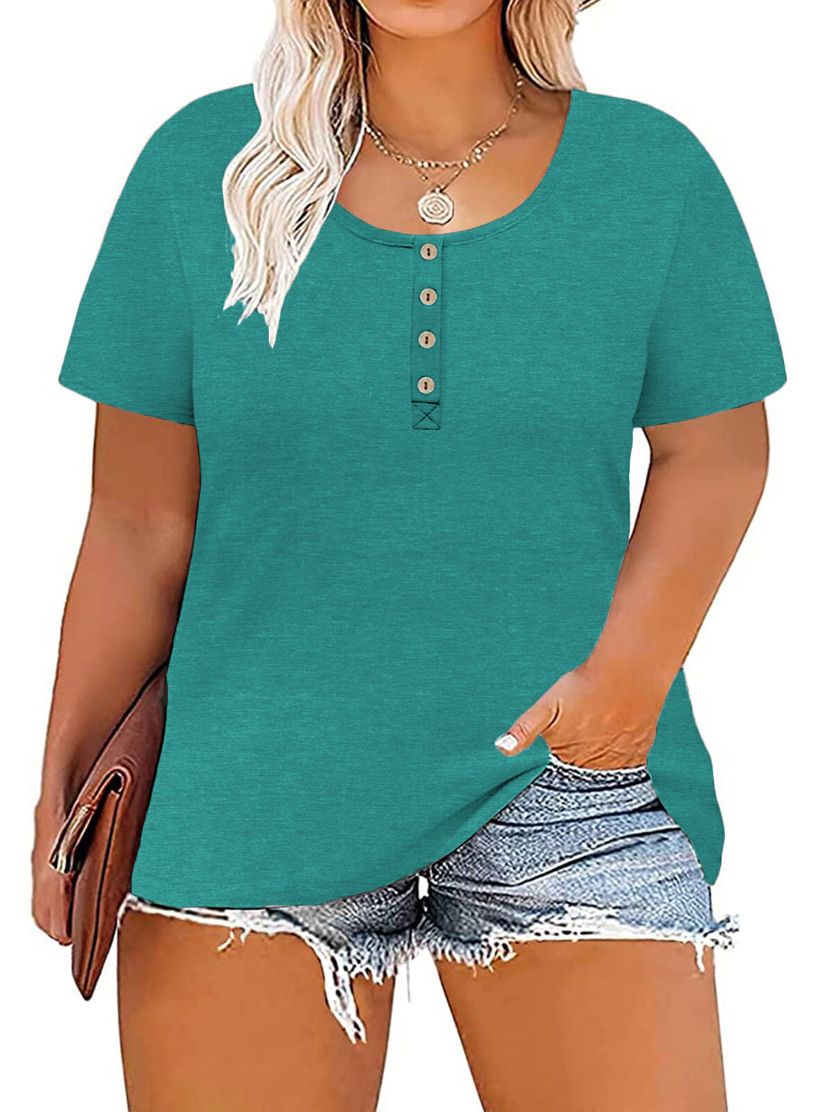 VISLILY Women's-Plus-Size Tops Summer Buttons Henley Shirts Casual Short Sleeve Tee