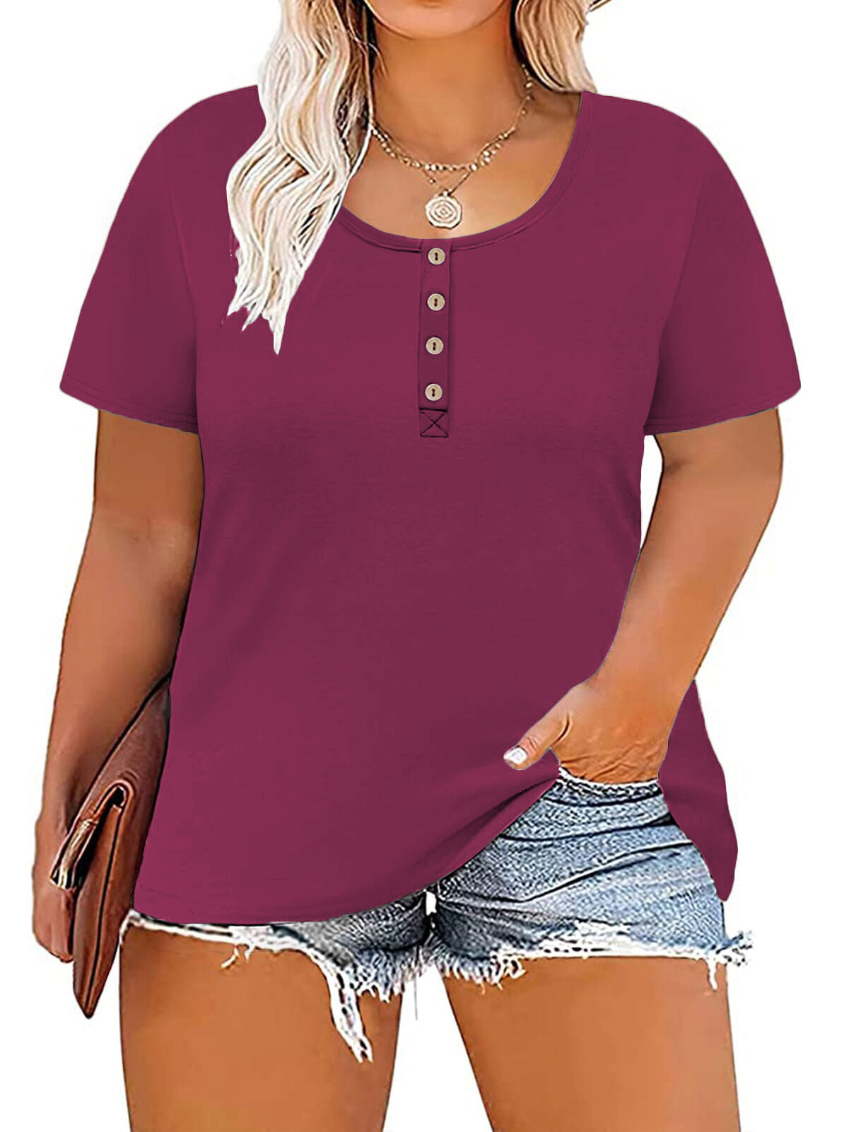  Plus Size Floral Tops For Women 5X Ladies Henley Shirts  Buttons Up Summer Tees Solid Hot Pink Short Sleeve Tunics Casual Blouses 5XL  26W 28W