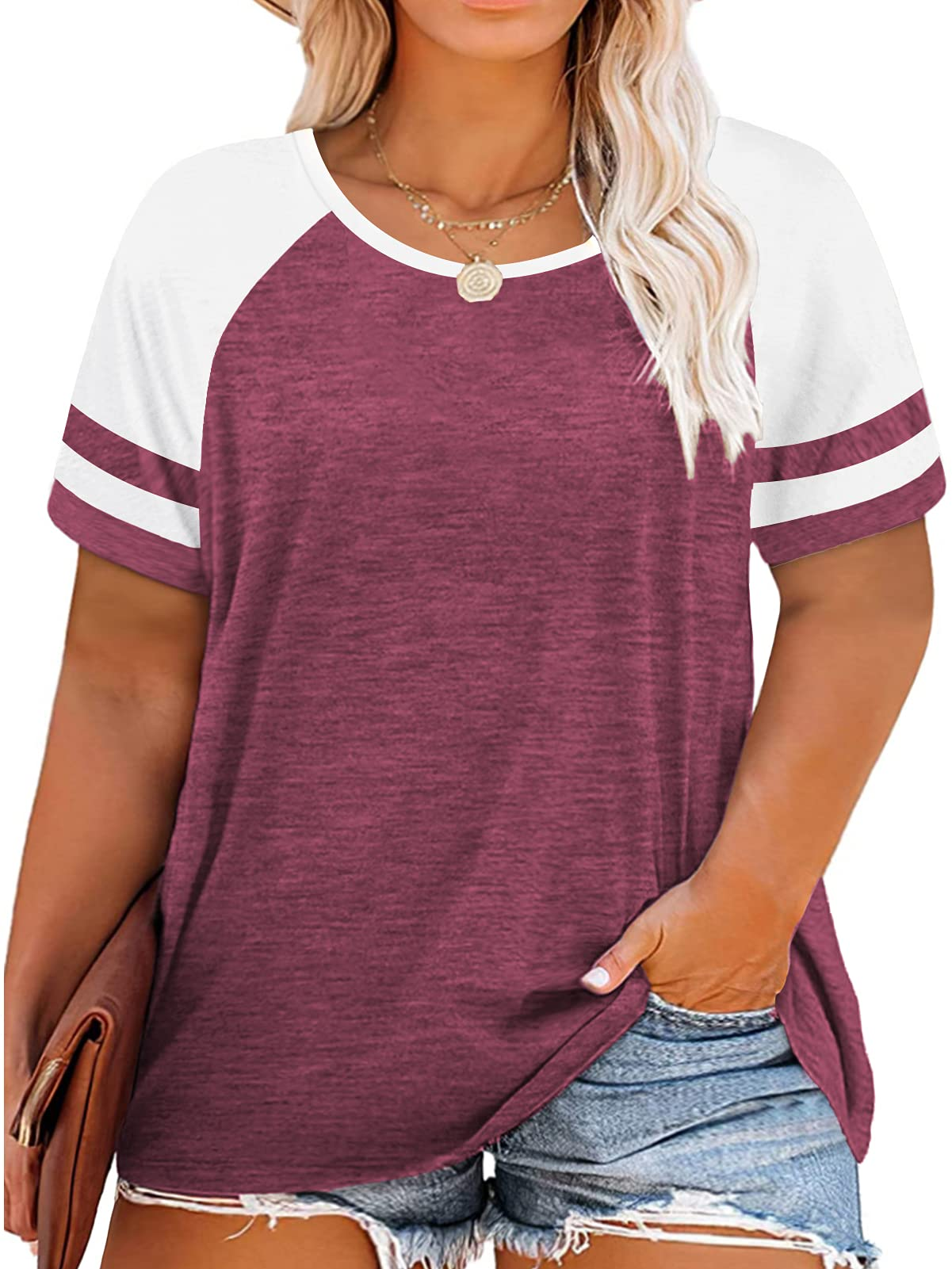VISLILY Womens Plus-Size Tops Color Block T Shirts Short Sleeve