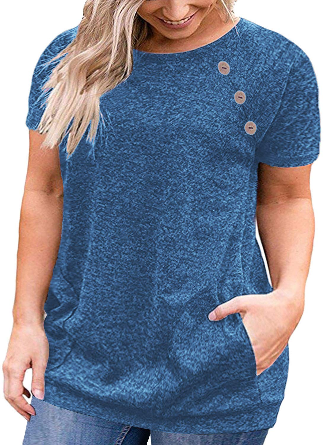 VISLILY Womens Plus Size Tops Buttons Decor T Shirt Short Sleeve