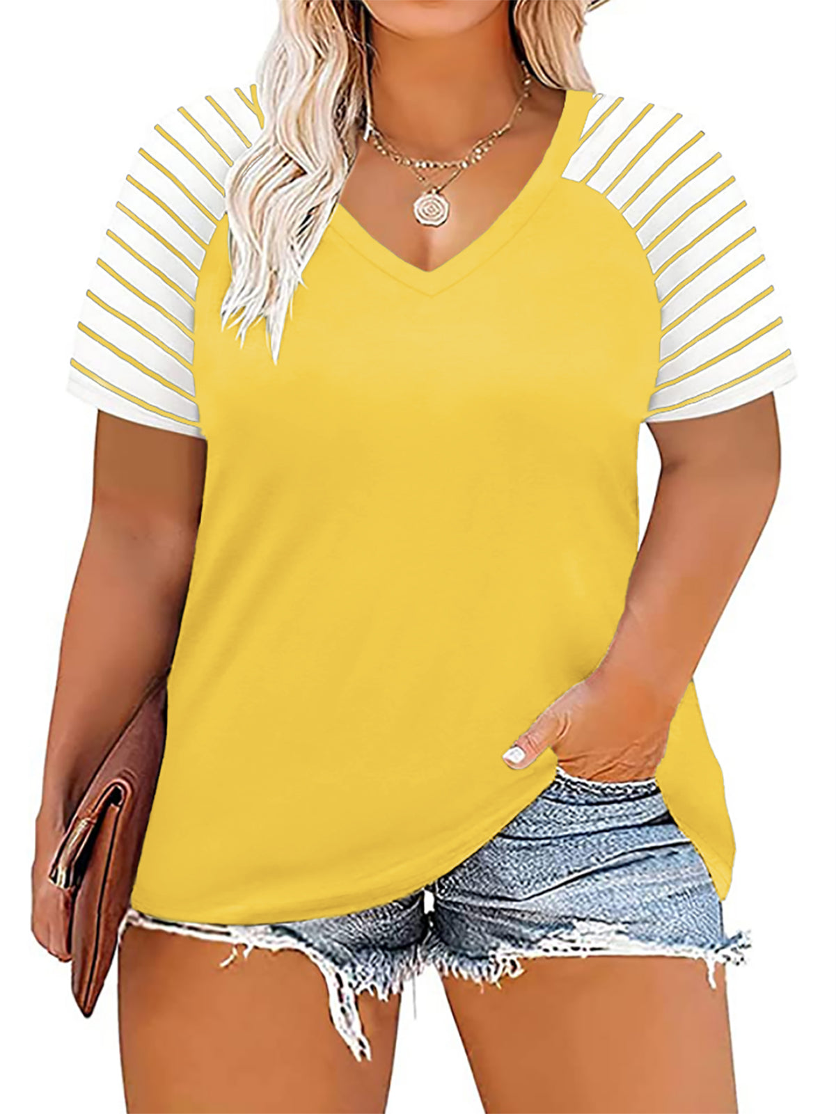 VISLILY Women's-Plus-Size-Tops V Neck Striped Raglan T Shirts Summer Short Sleeve Tee