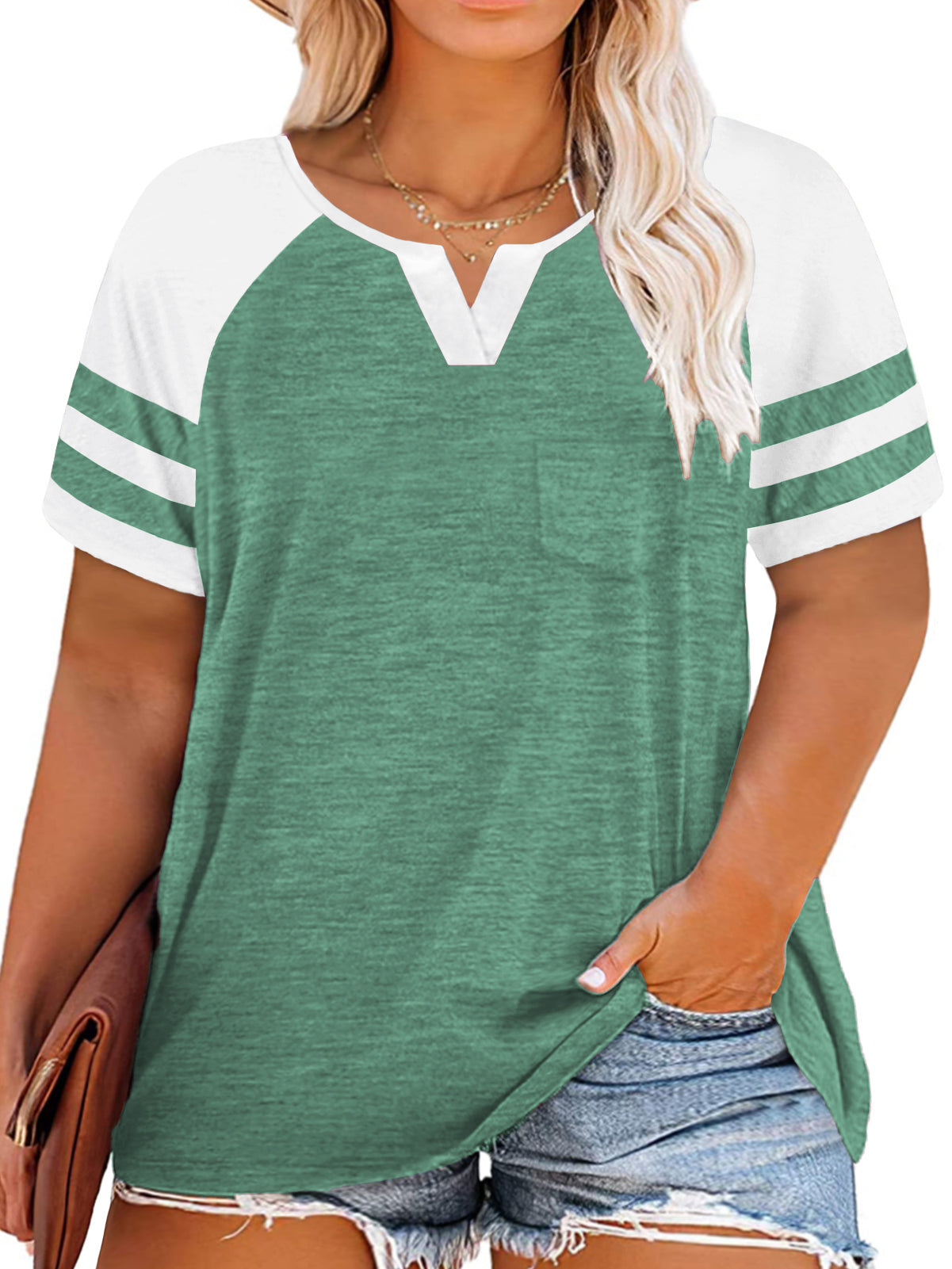 VISLILY Plus-Size Tops for Women Summer V Neck T Shirts Color Block Raglan Tees XL-4XL