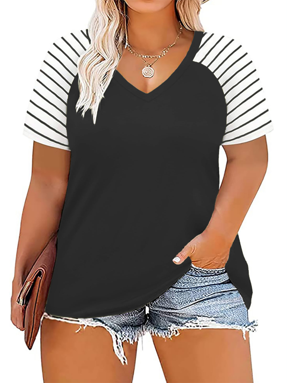 VISLILY Women's-Plus-Size-Tops V Neck Striped Raglan T Shirts Summer Short Sleeve Tee