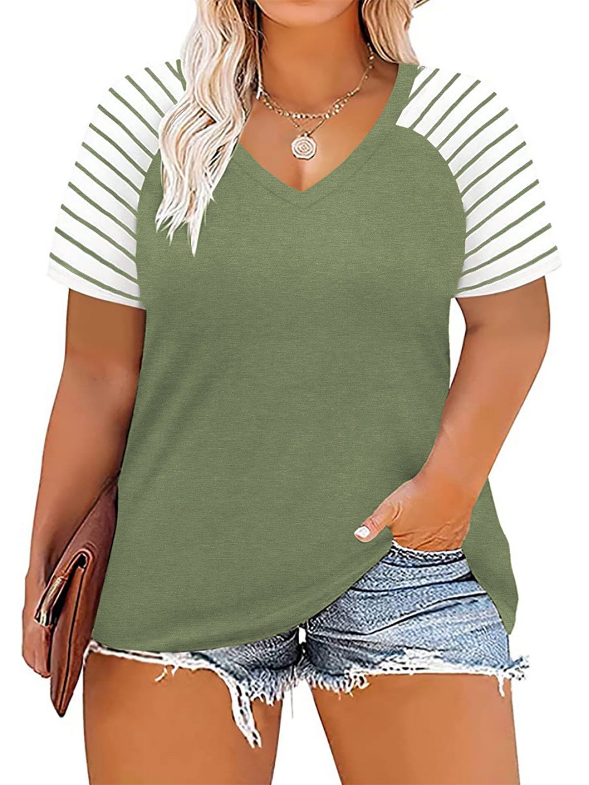 VISLILY Women's-Plus-Size-Tops V Neck Striped Raglan T Shirts Summer Short Sleeve Tee