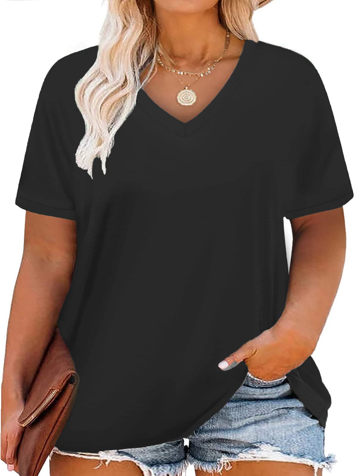 VISLILY Women Plus-Size Tops V Neck T Shirts Casual Summer Tunics Tee