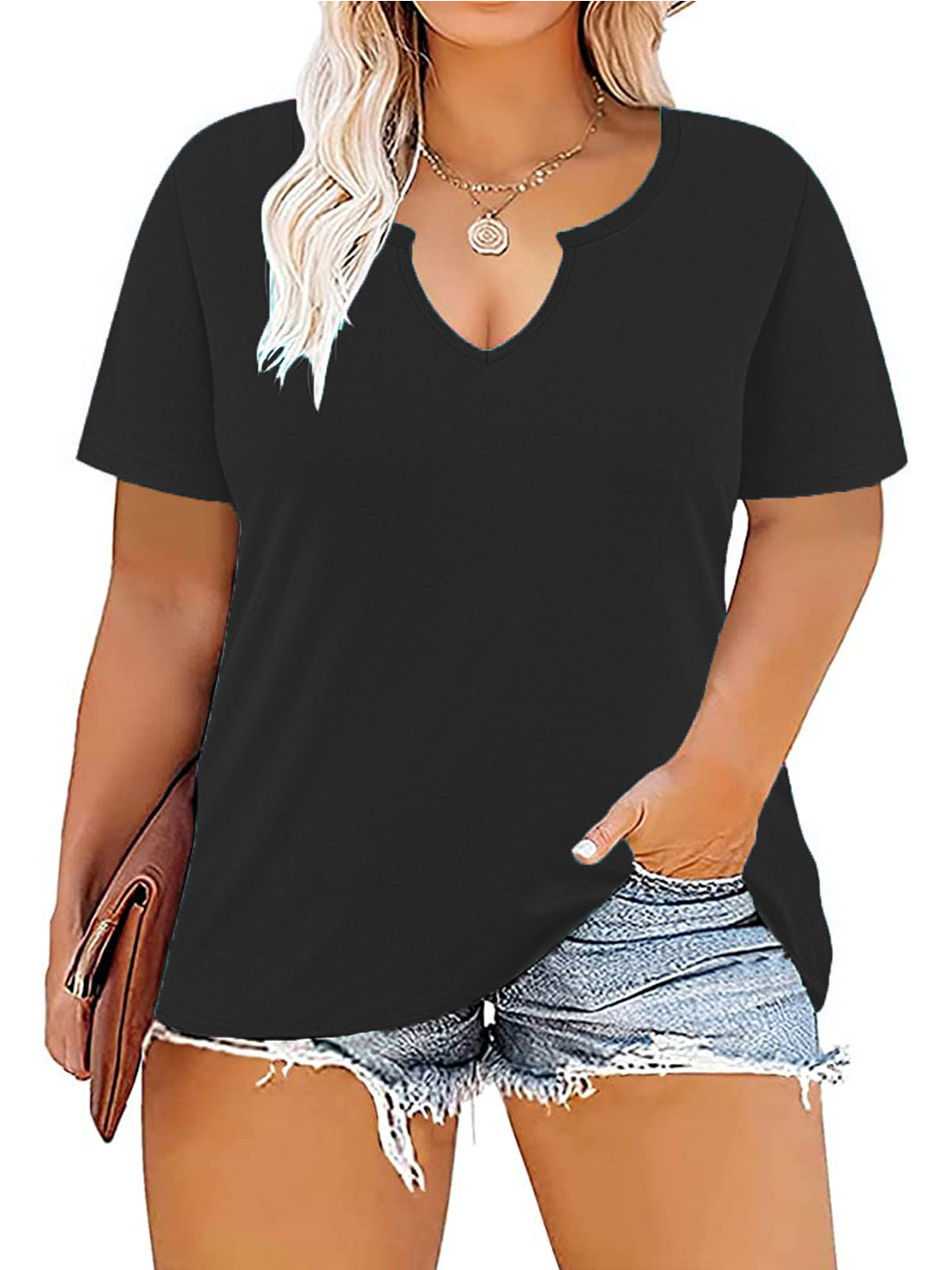 VISLILY Womens-Plus-Size-Tops Notch V Neck Summer T Shirts Short