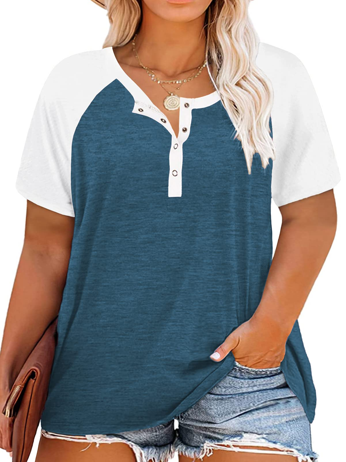 VISLILY Women's Plus Size Tops Raglan Henley Shirts Buttons Up Tunics Color Block Tee