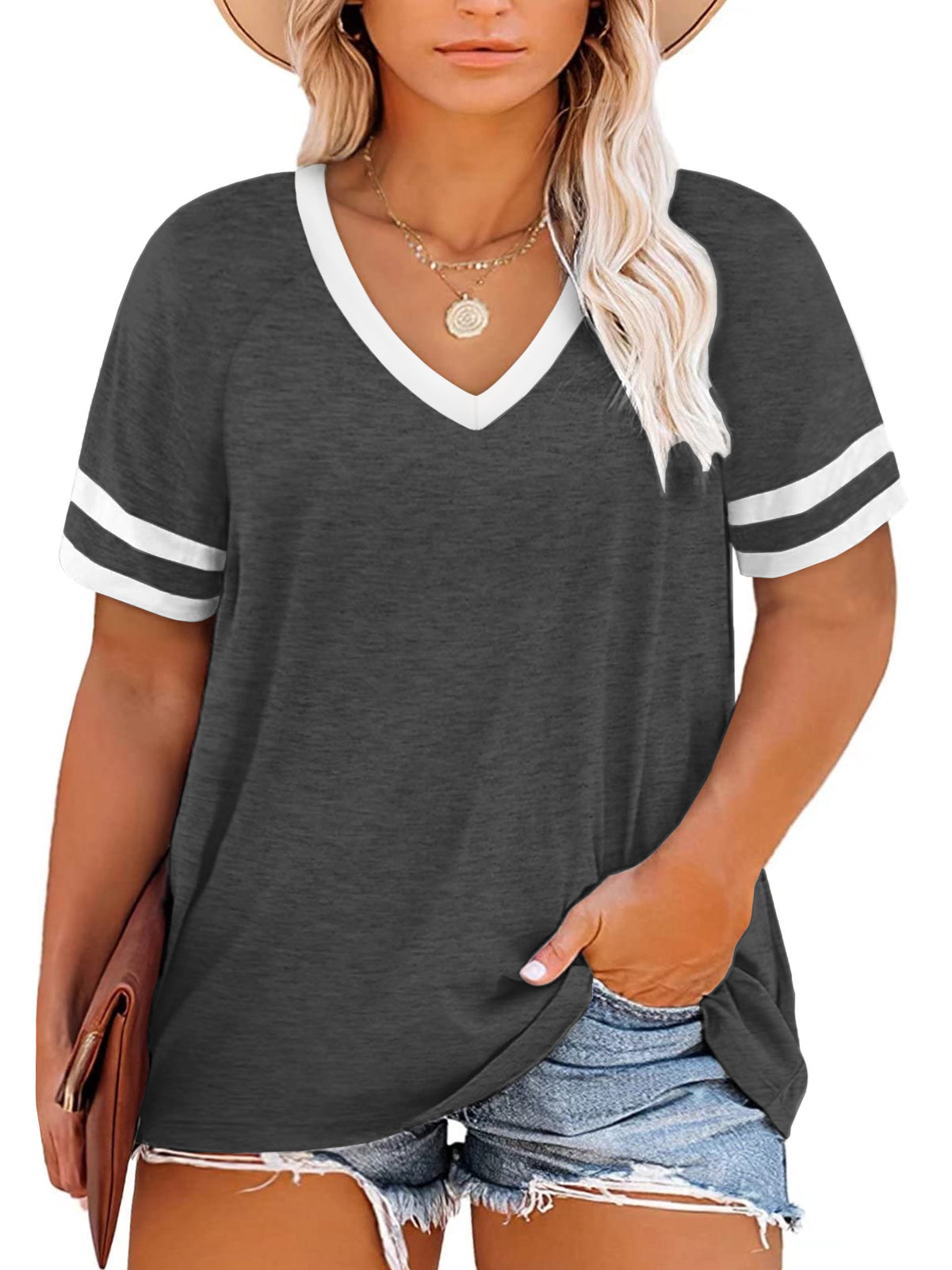 VISLILY Womens Plus-Size Tops Summer V Neck T Shirts Striped Short Sleeve Tee