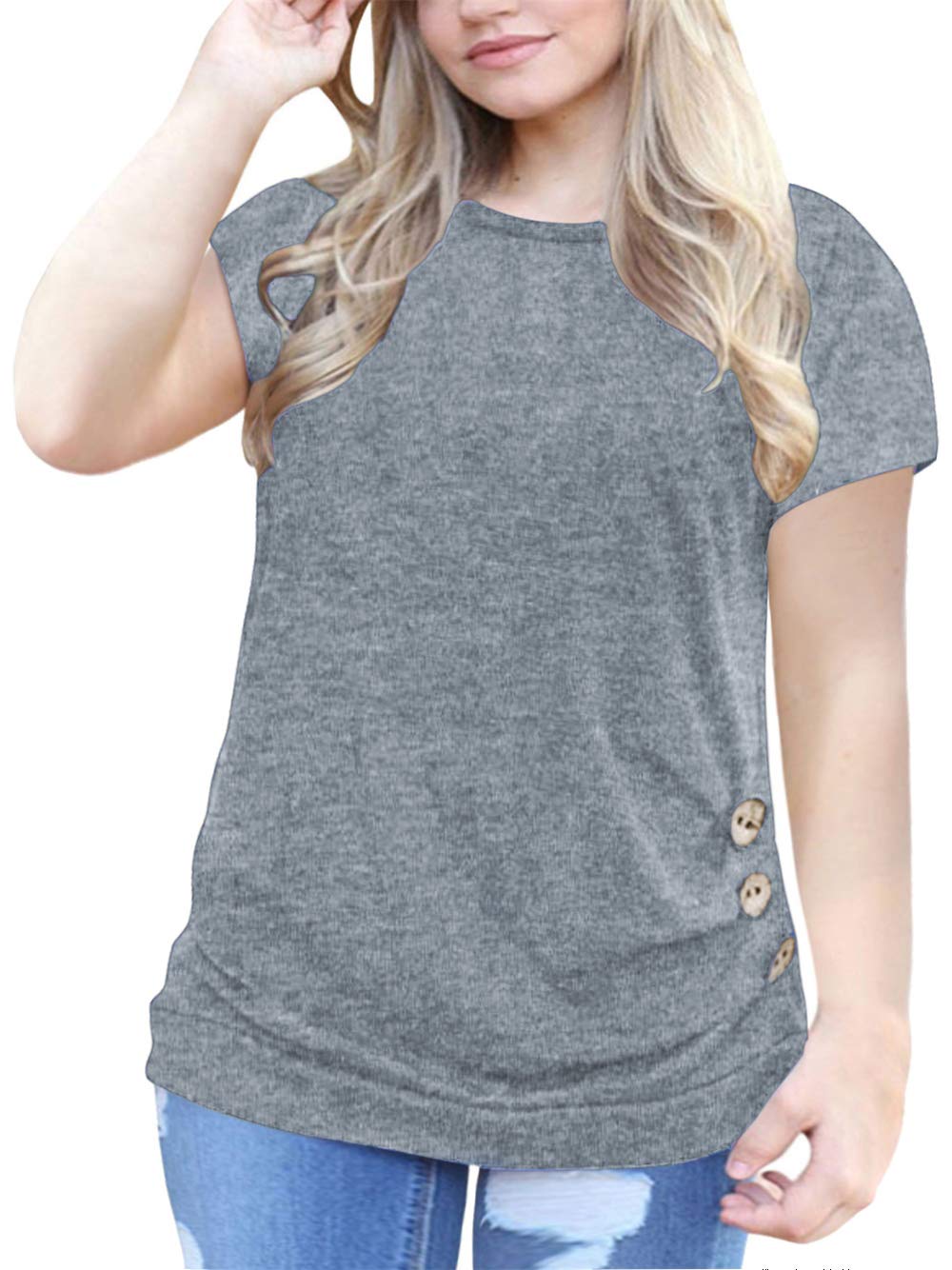 VISLILY Womens Plus Size Tops Buttons Decor T Shirt Short Sleeve