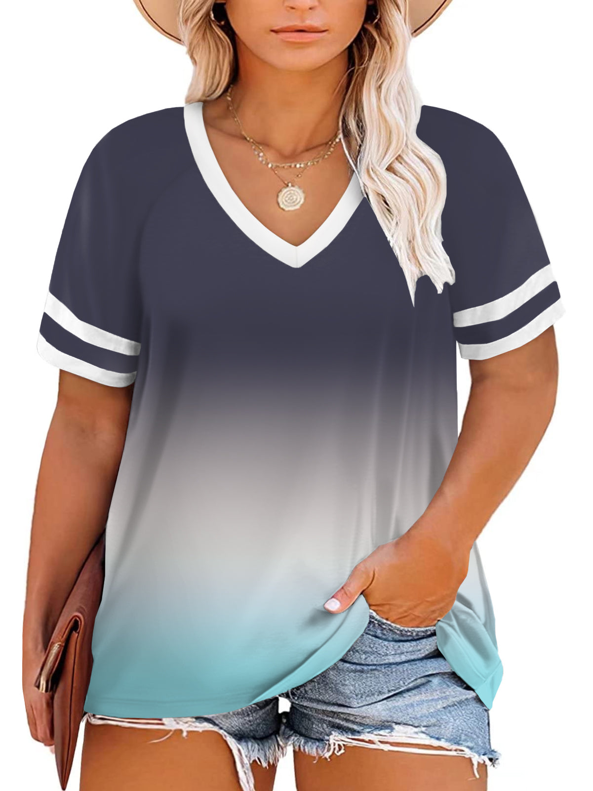 VISLILY Womens Plus-Size Tops Summer V Neck T Shirts Striped Short Sleeve Tee