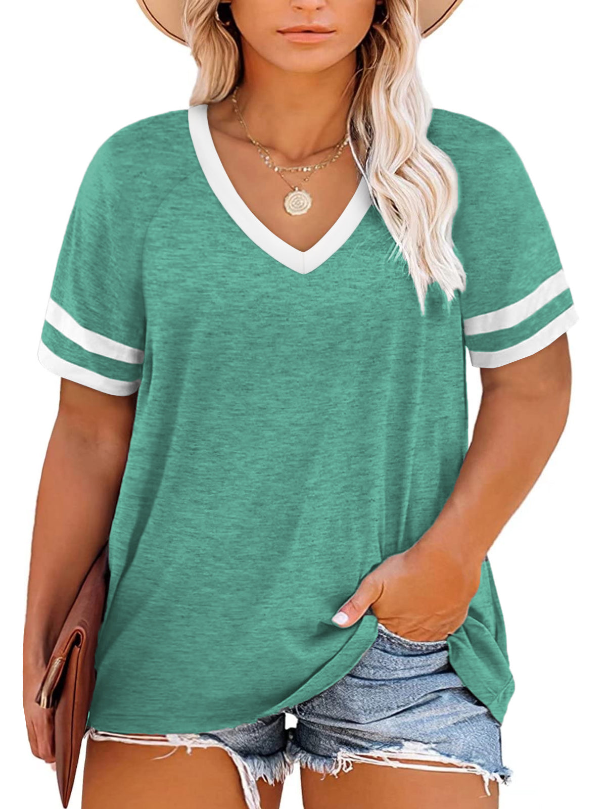 VISLILY Womens Plus-Size Tops Summer V Neck T Shirts Striped Short Sleeve Tee