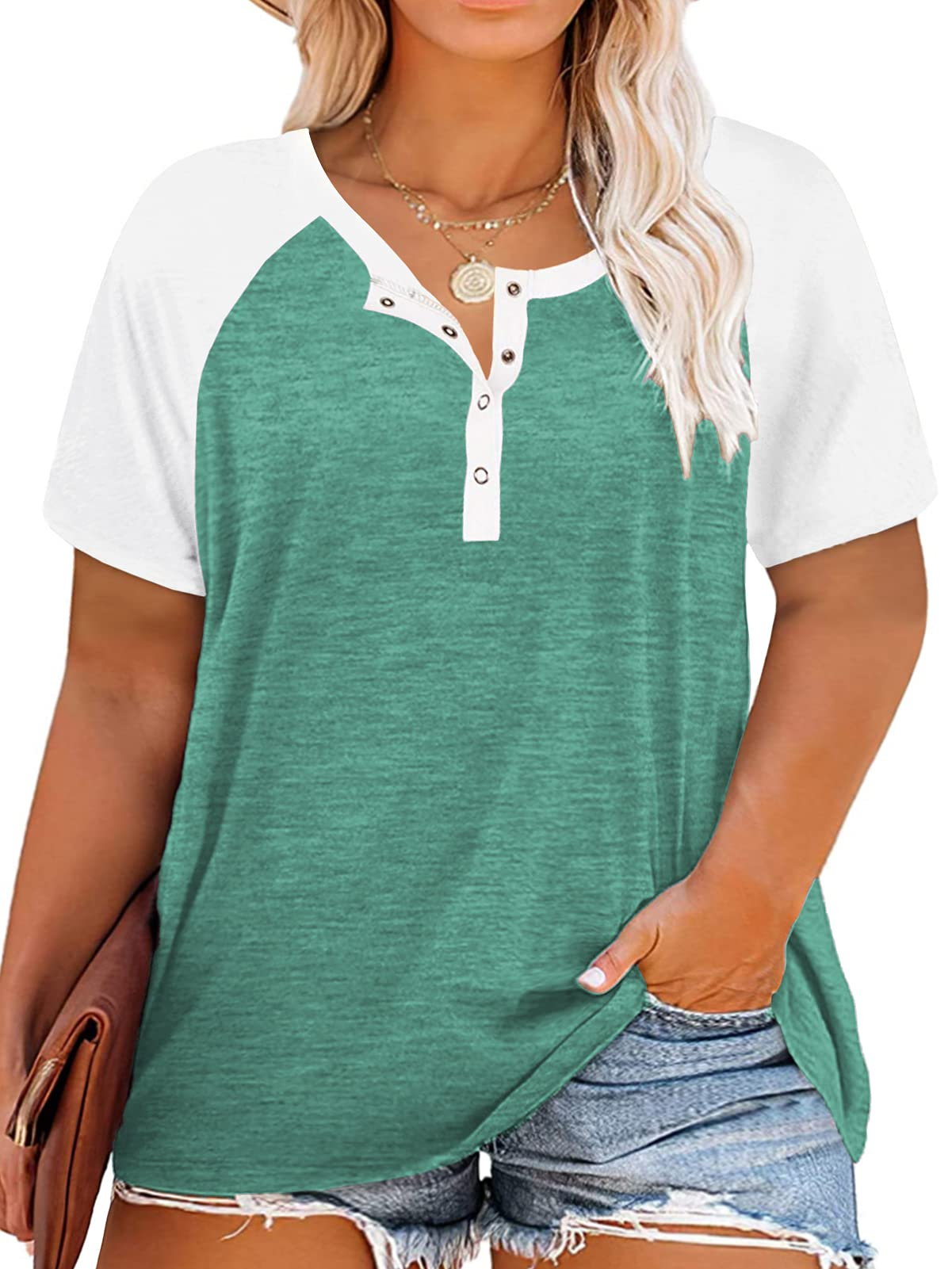 VISLILY Women's Plus Size Tops Raglan Henley Shirts Buttons Up Tunics Color Block Tee