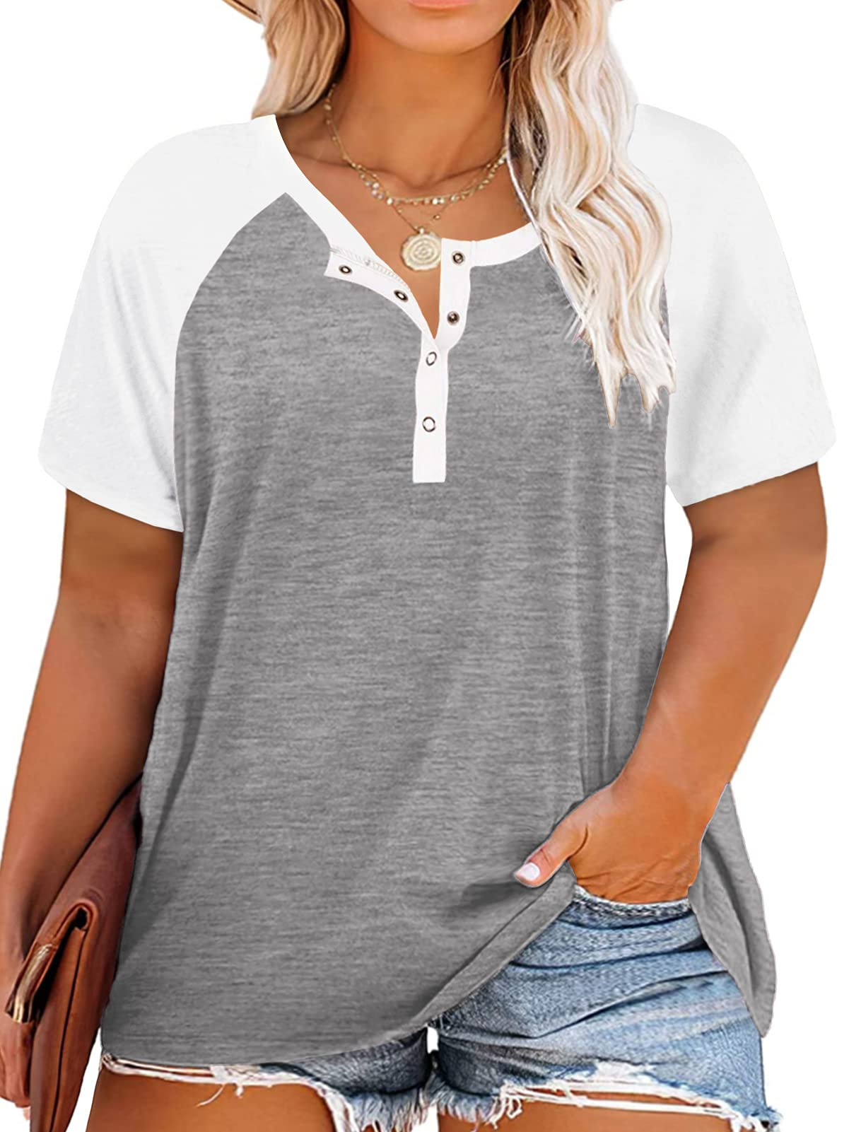 VISLILY Women's Plus Size Tops Raglan Henley Shirts Buttons Up Tunics Color Block Tee