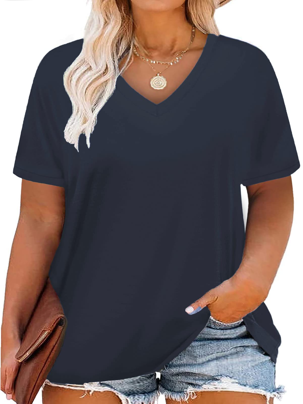 VISLILY Women Plus-Size Tops V Neck T Shirts Casual Summer Tunics Tee