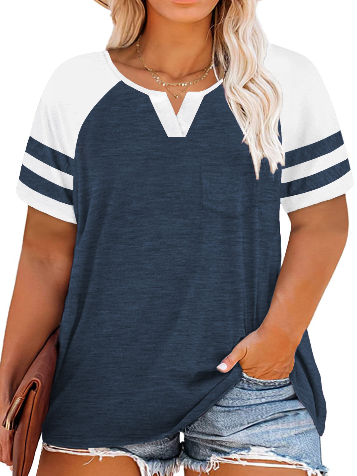 VISLILY Plus-Size Tops for Women Summer V Neck T Shirts Color Block Raglan Tees XL-4XL