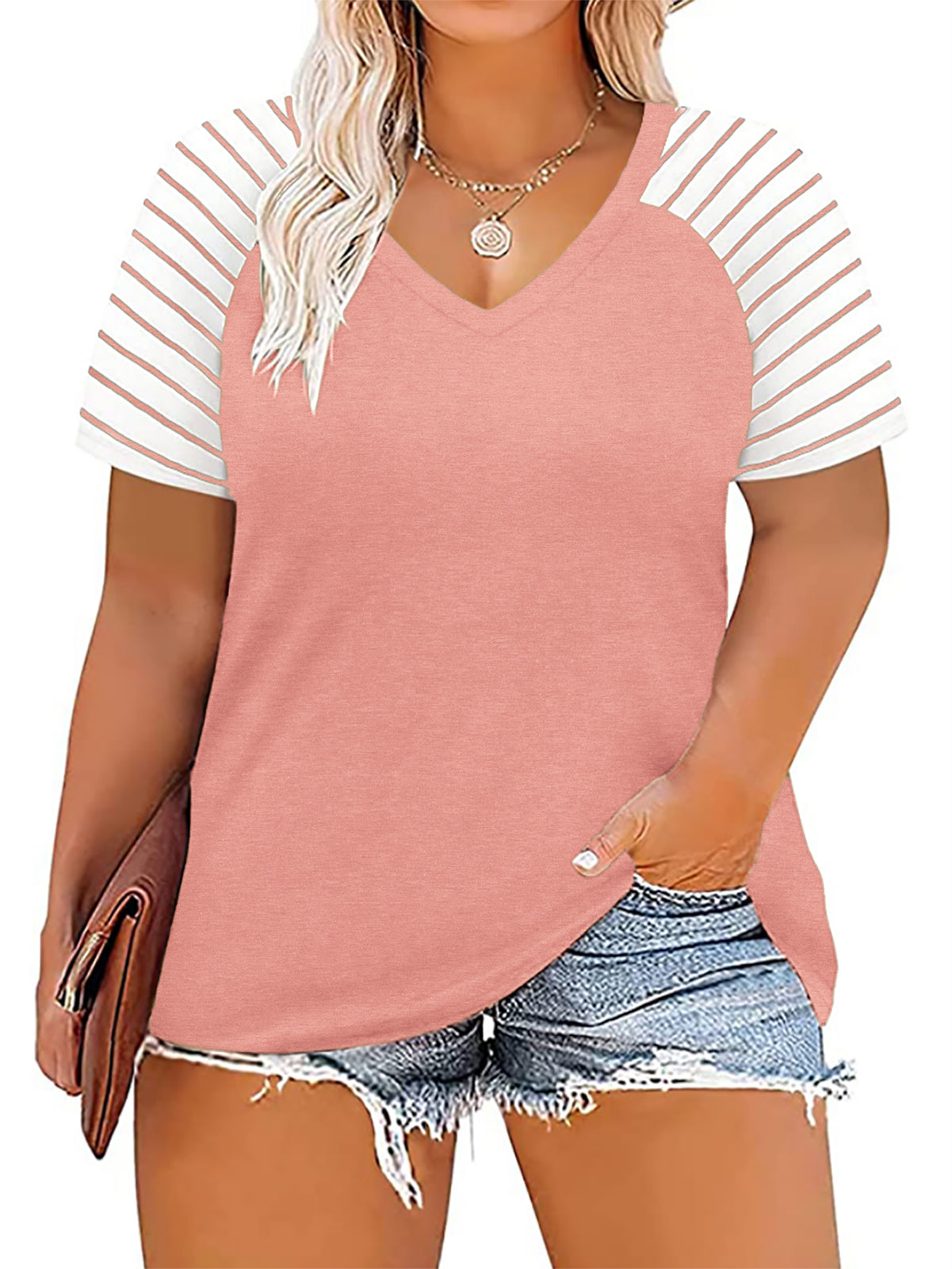 VISLILY Women's-Plus-Size-Tops V Neck Striped Raglan T Shirts Summer Short Sleeve Tee