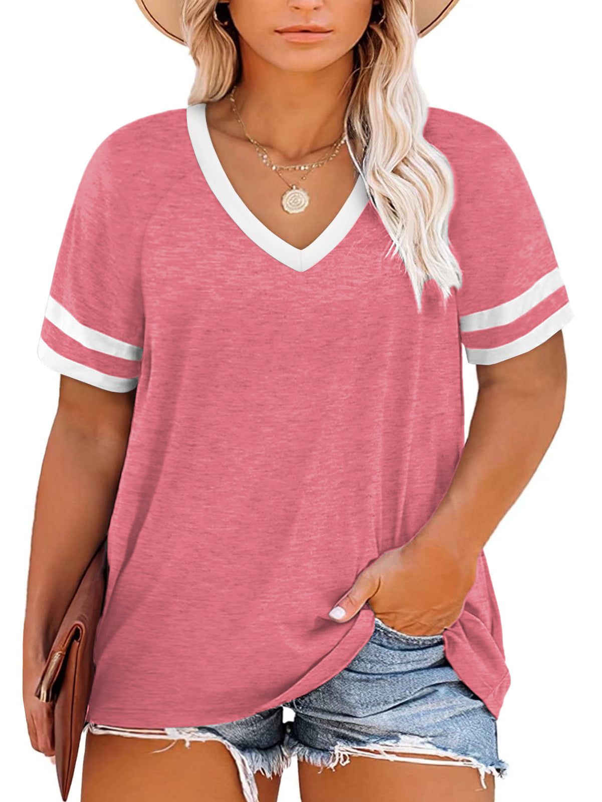 VISLILY Womens Plus-Size Tops Summer V Neck T Shirts Striped Short Sleeve Tee