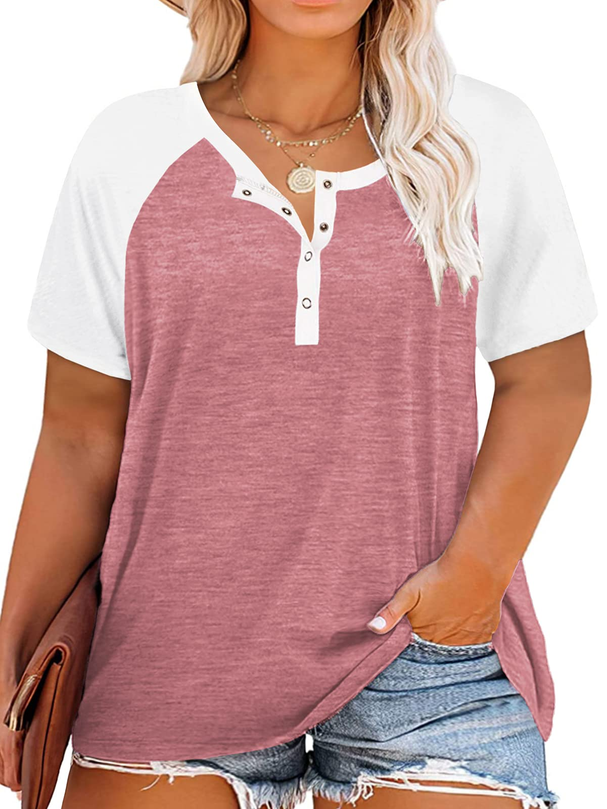 VISLILY Women's Plus Size Tops Raglan Henley Shirts Buttons Up Tunics Color Block Tee