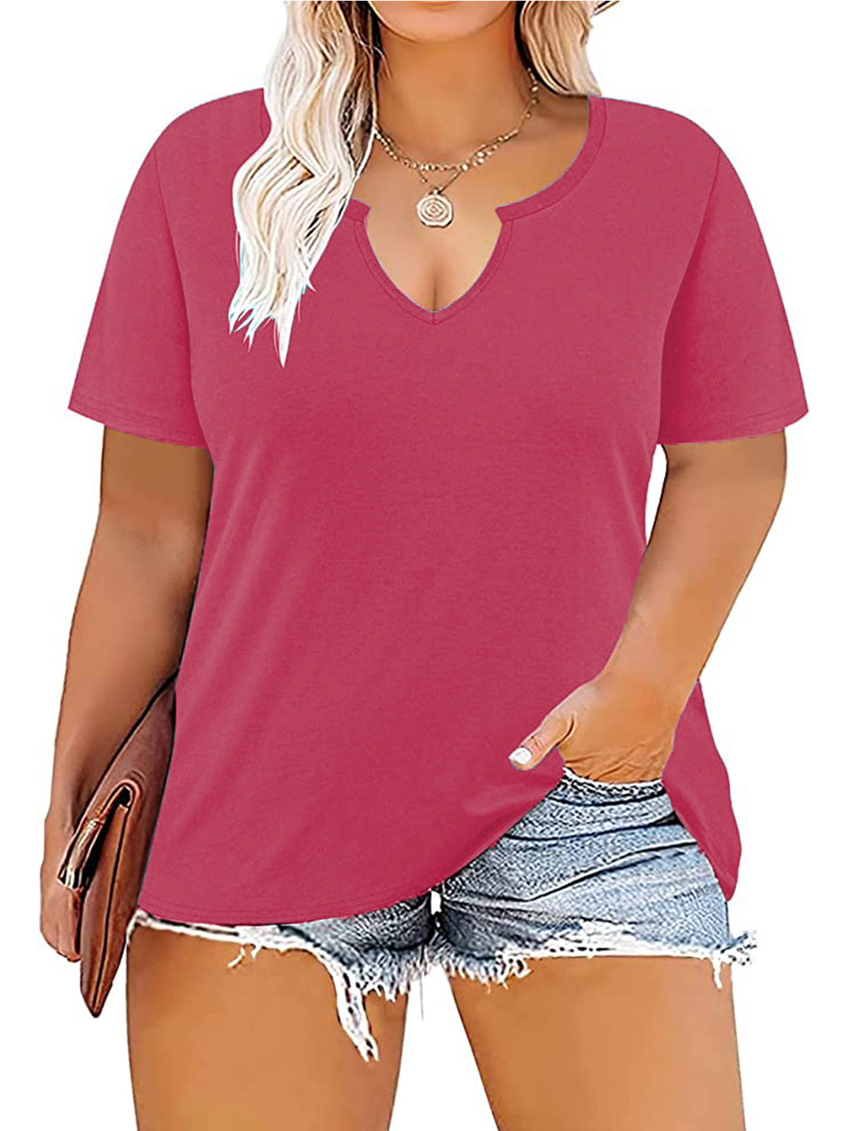 VISLILY Womens-Plus-Size-Tops Notch V Neck Summer T Shirts Short Sleeve Blouses Sexy Tunics XL-5XL