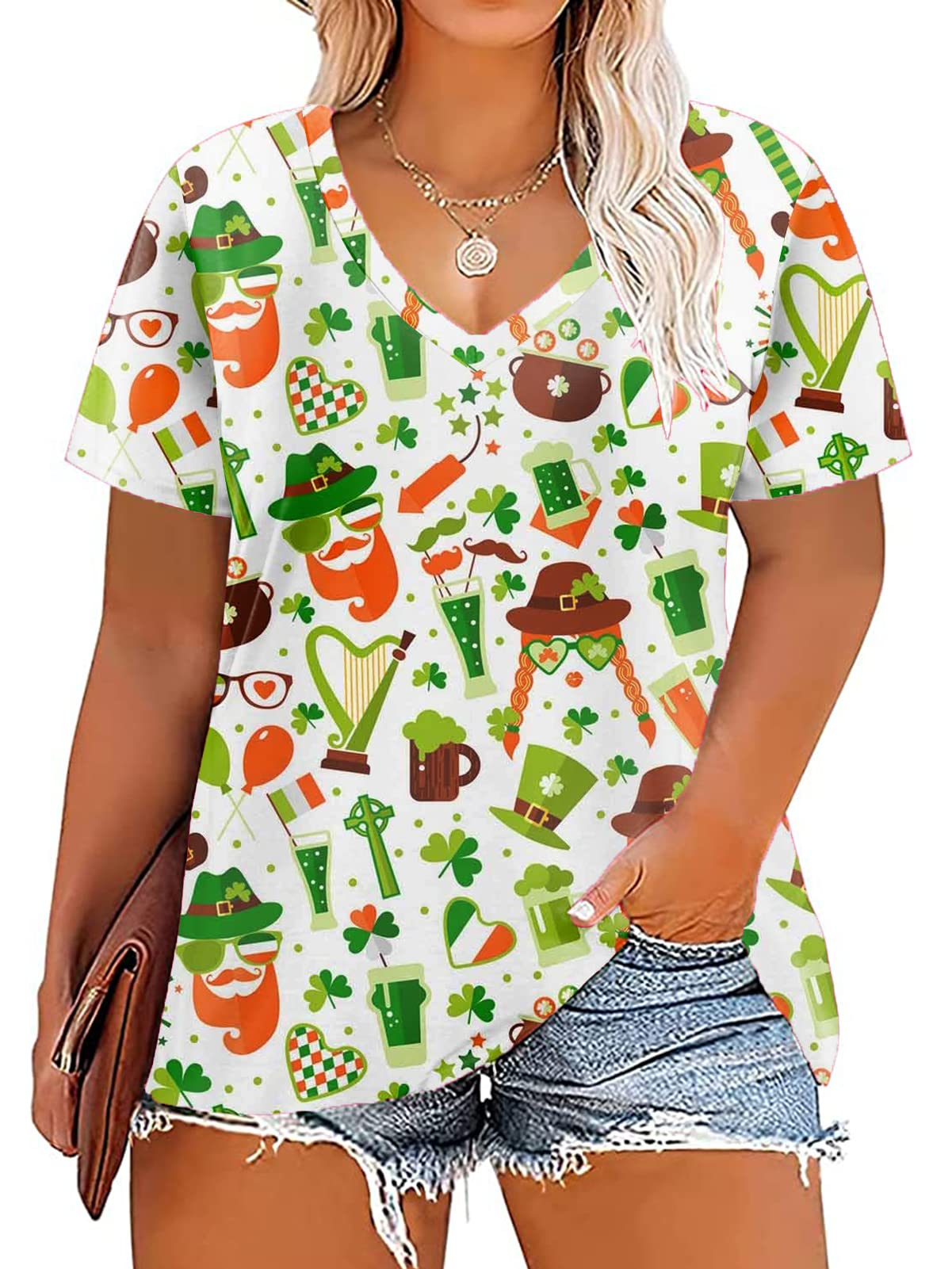 VISLILY Women Plus-Size Tops V Neck T Shirts Casual Summer Tunics Tee