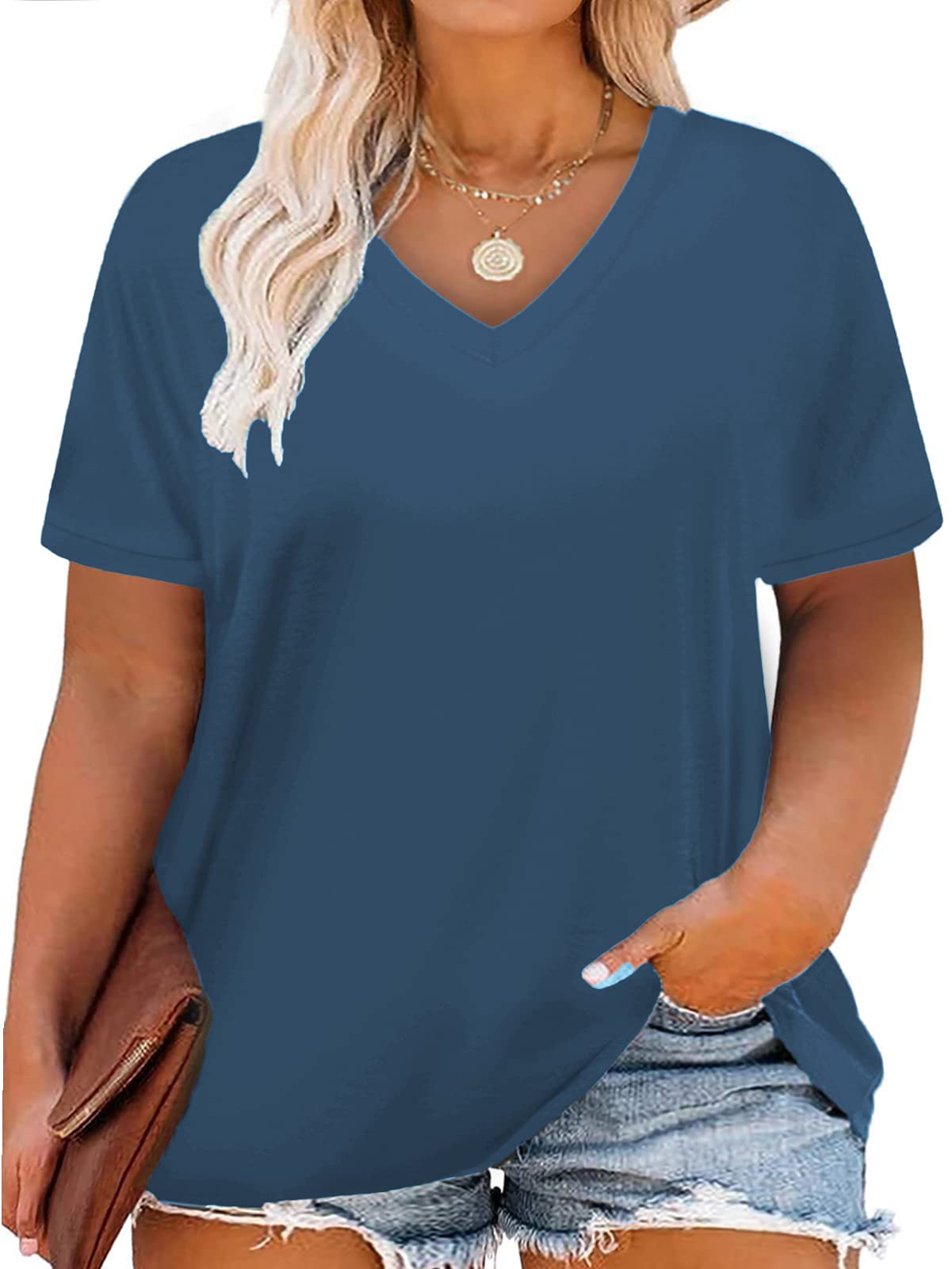 VISLILY Women Plus-Size Tops V Neck T Shirts Casual Summer Tunics Tee