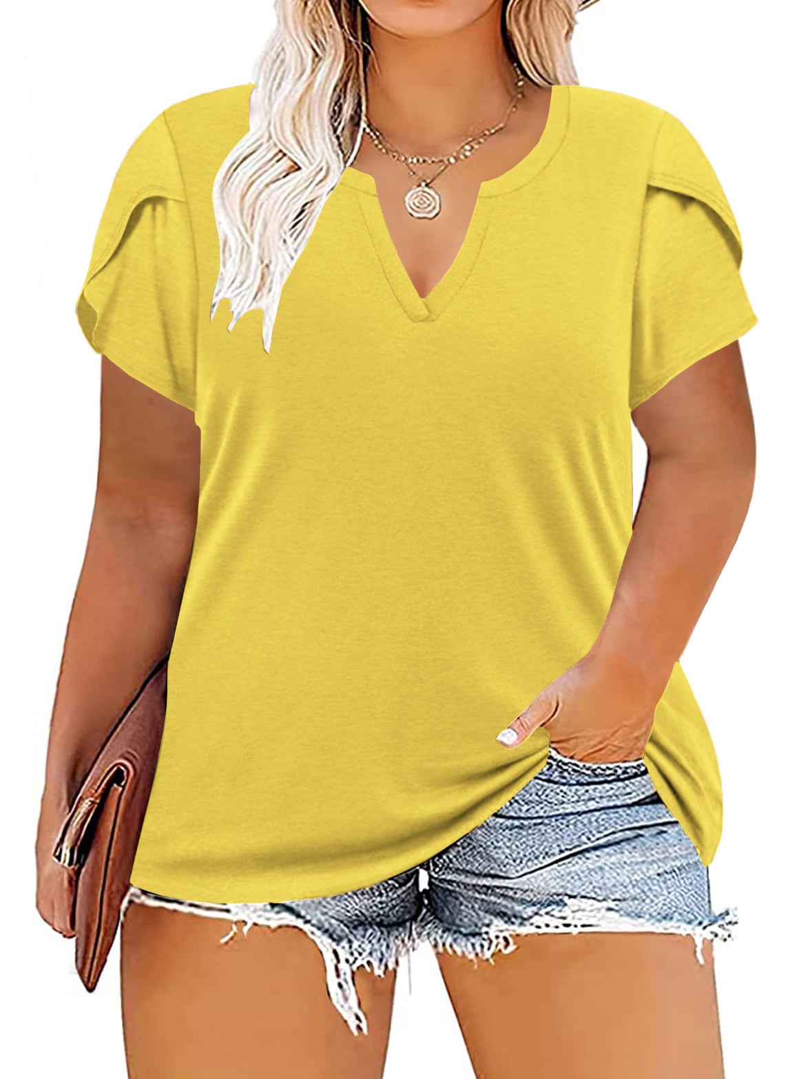 VISLILY Plus-Size-Tops for Women Casual Petal Sleeve T Shirts Summer V Neck Loose Comfy Tee