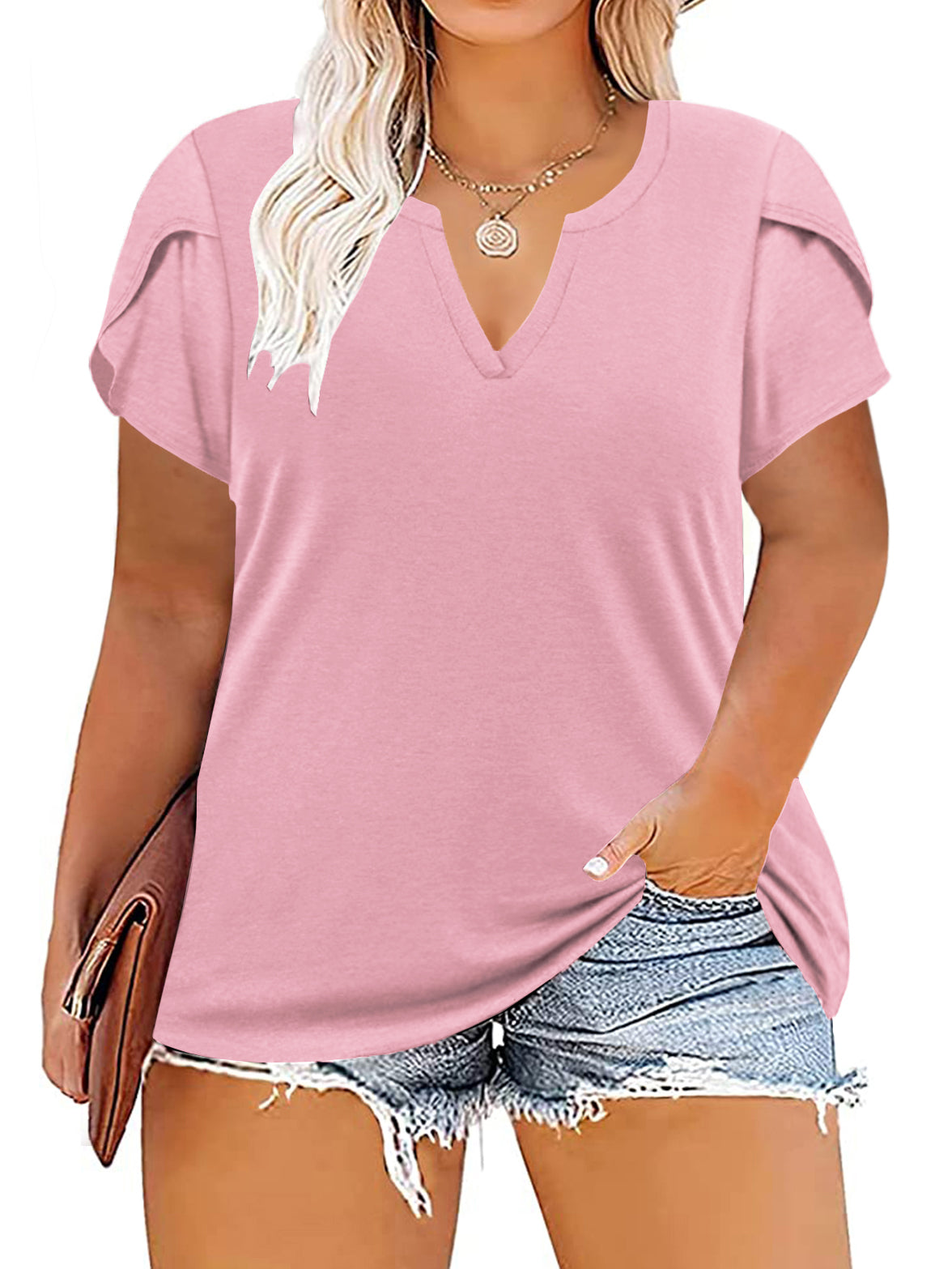 VISLILY Plus-Size-Tops for Women Casual Petal Sleeve T Shirts Summer V Neck Loose Comfy Tee