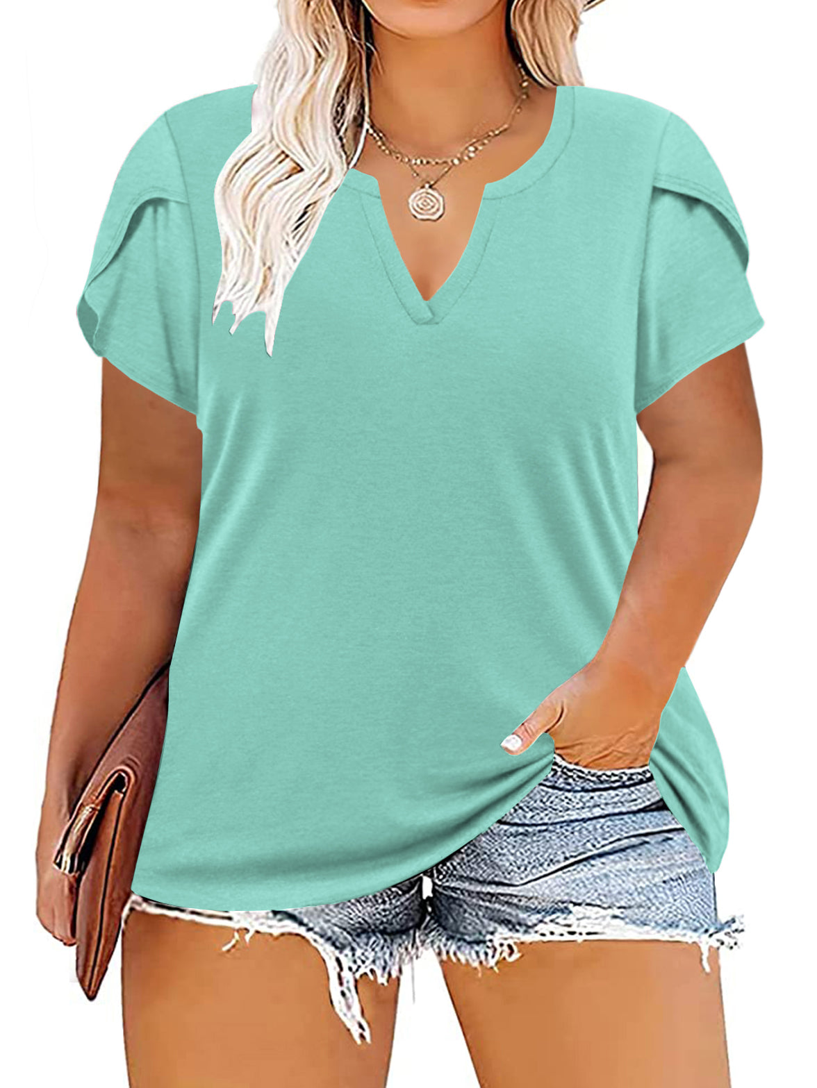 VISLILY Plus-Size-Tops for Women Casual Petal Sleeve T Shirts Summer V Neck Loose Comfy Tee