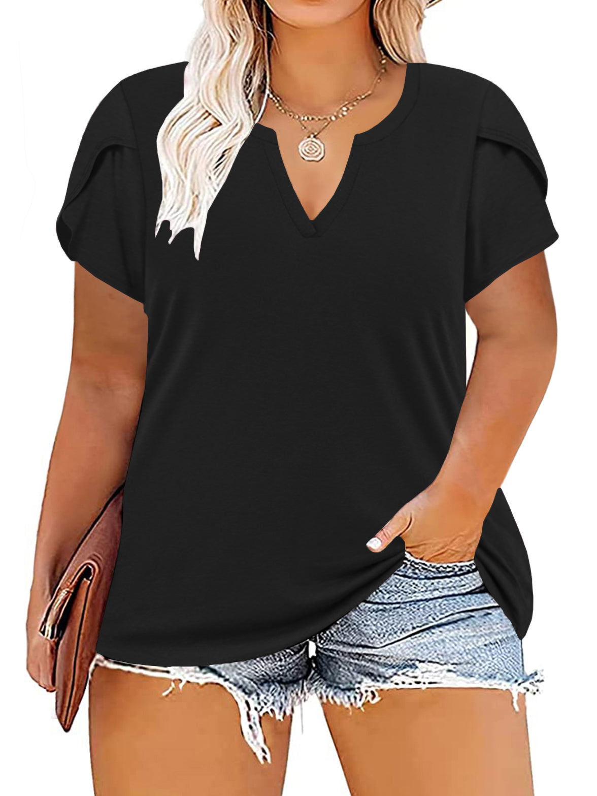 VISLILY Plus-Size-Tops for Women Casual Petal Sleeve T Shirts Summer V Neck Loose Comfy Tee