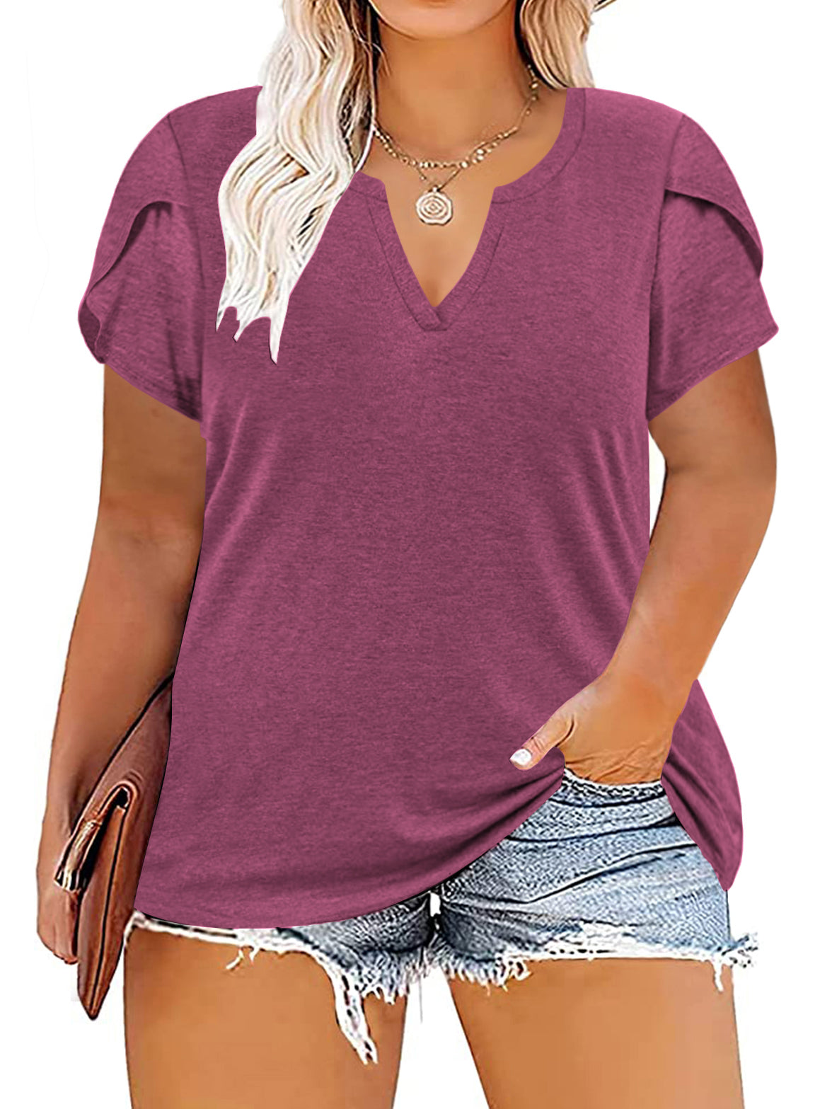 VISLILY Plus-Size-Tops for Women Casual Petal Sleeve T Shirts Summer V Neck Loose Comfy Tee