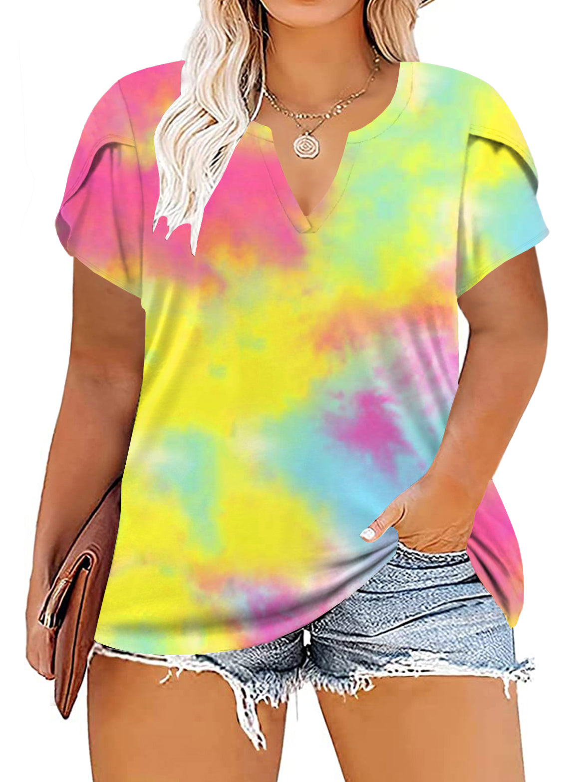 VISLILY Plus-Size-Tops for Women Casual Petal Sleeve T Shirts Summer V Neck Loose Comfy Tee