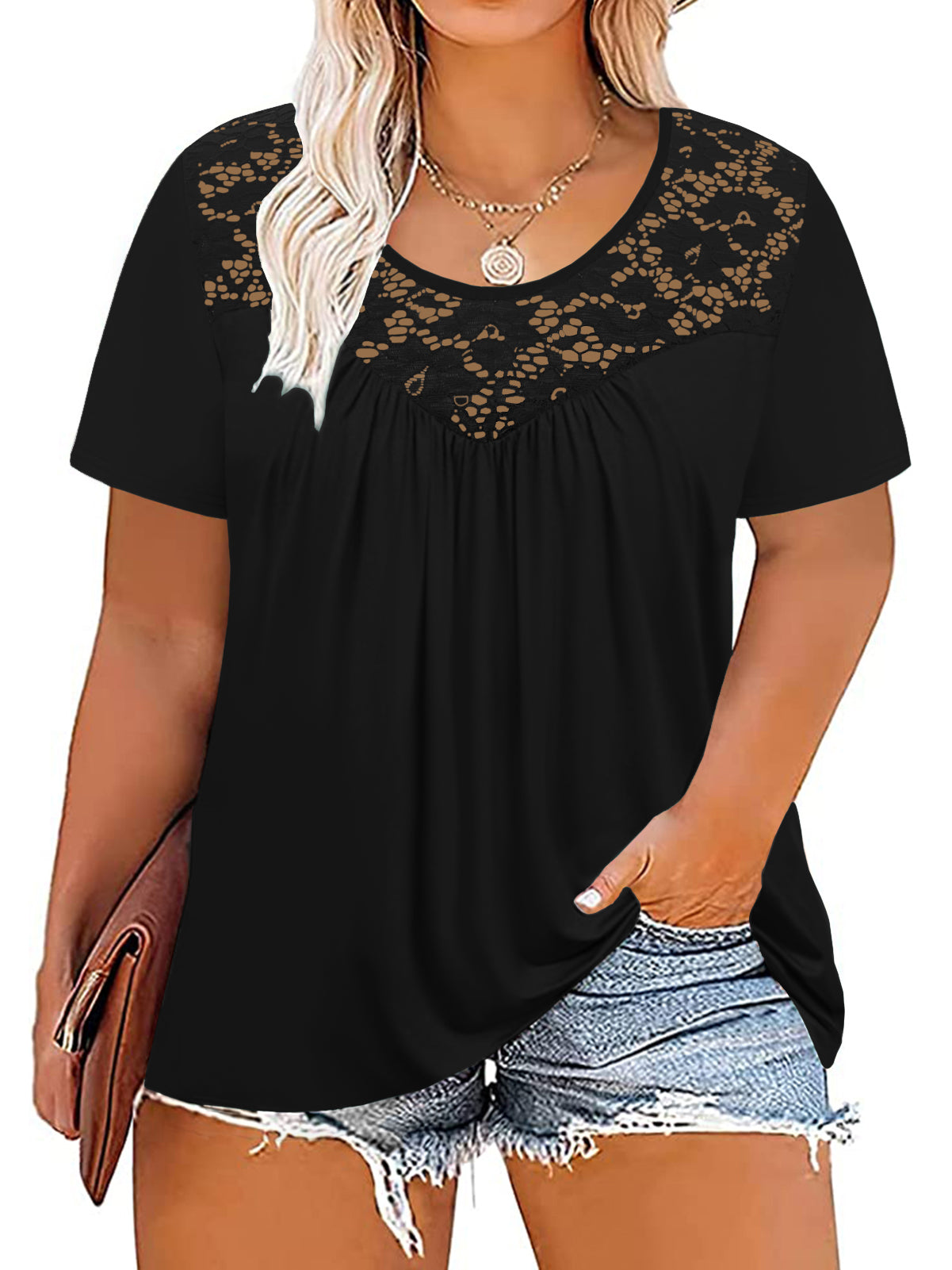 VISLILY Women's-Plus-Size-Tops Summer Lace Tee Shirts Short Sleeve Tunics Flowy Pleated Blouses XL-4XL