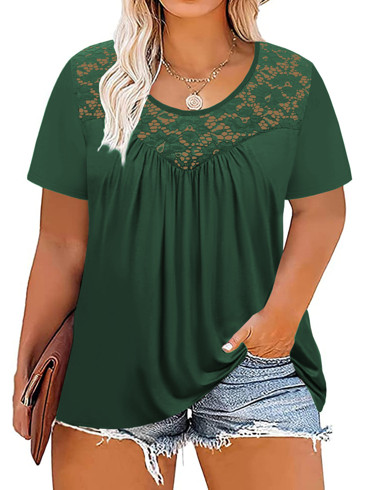 VISLILY Women's-Plus-Size-Tops Summer Lace Tee Shirts Short Sleeve Tunics Flowy Pleated Blouses XL-4XL