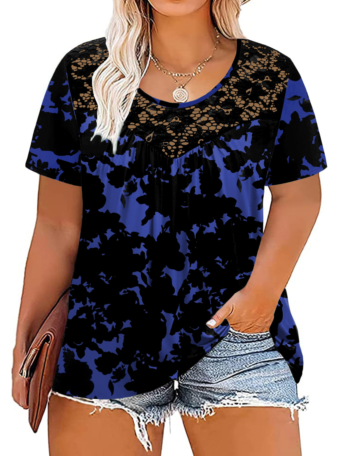 VISLILY Women's-Plus-Size-Tops Summer Lace Tee Shirts Short Sleeve Tunics  Flowy Pleated Blouses XL-4XL