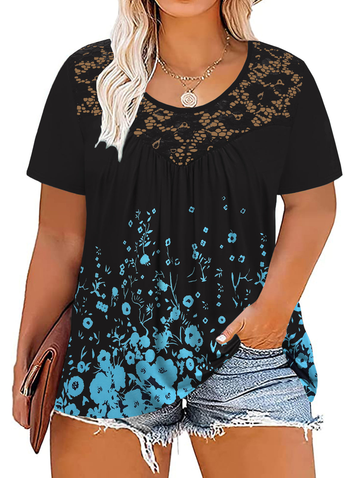 VISLILY Women's-Plus-Size-Tops Summer Lace Tee Shirts Short Sleeve Tunics Flowy Pleated Blouses XL-4XL