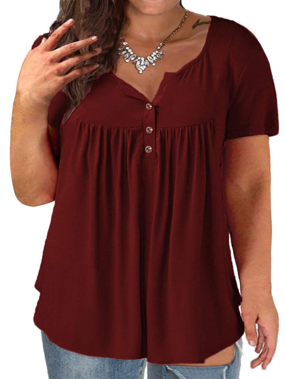 VISLILY Women's Plus Size Henley Shirts Flowy Summer Tops Pleated Buttons Up Tunics